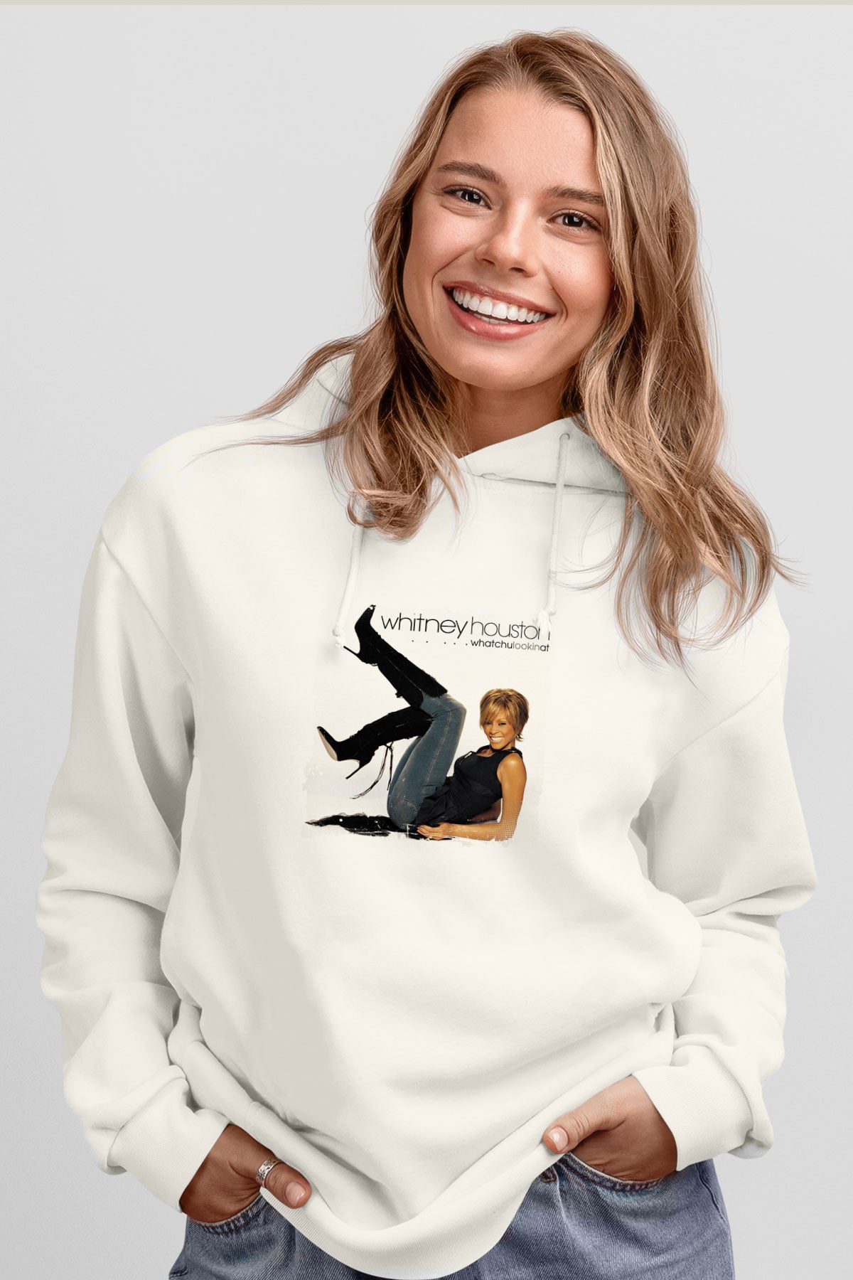Whitney Houston Baskılı Unisex Beyaz Kapüşonlu Sweatshirt