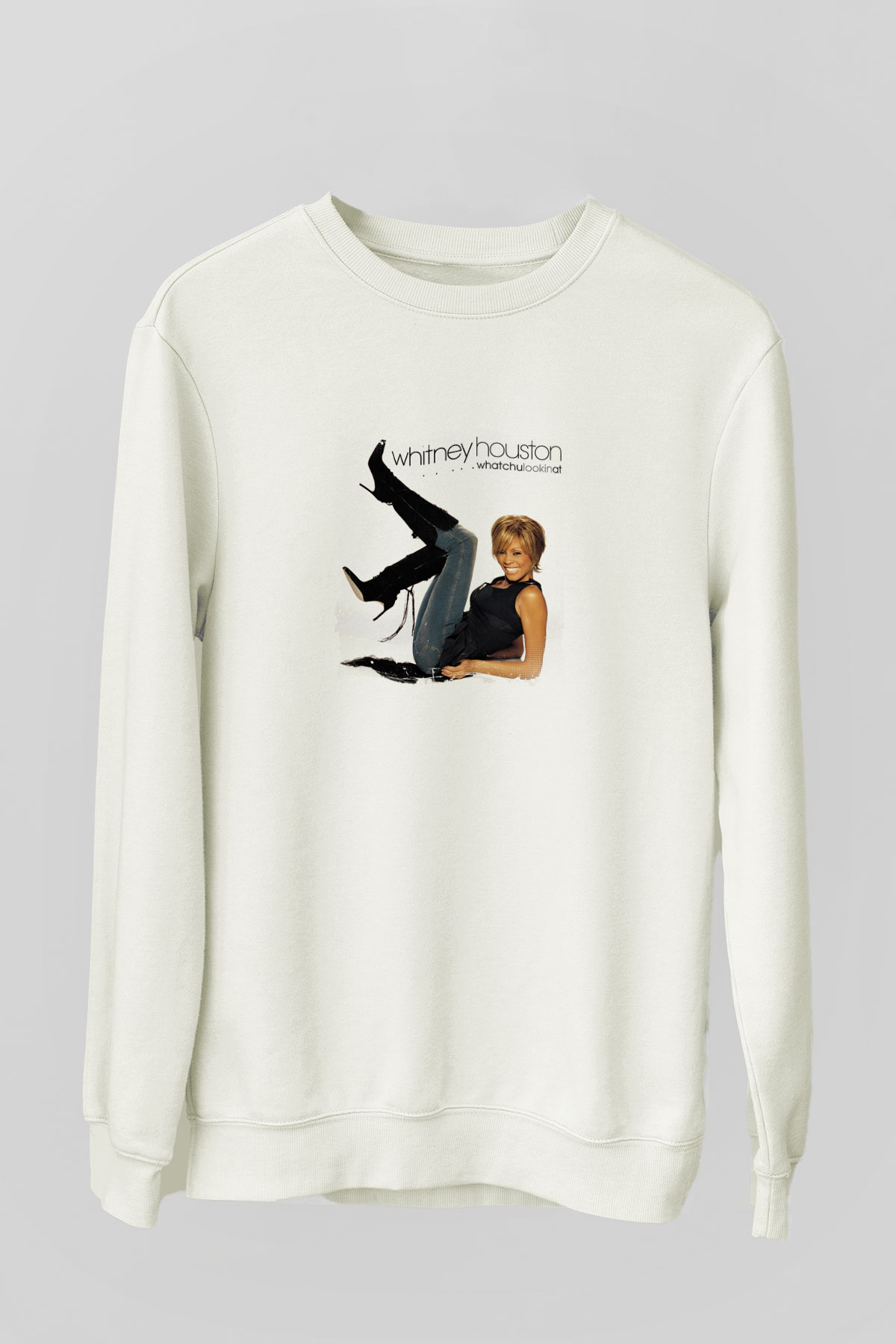 Whitney Houston Baskılı Unisex Beyaz Sweatshirt