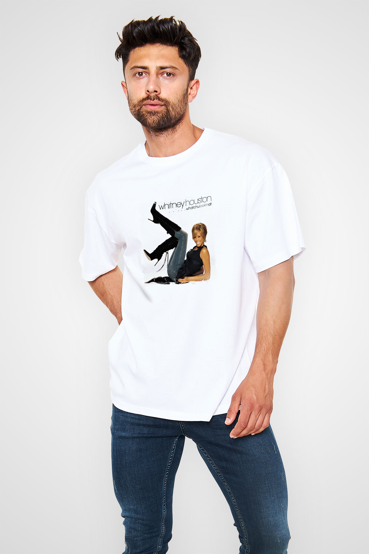 Whitney Houston Baskılı Unisex Beyaz Tişört