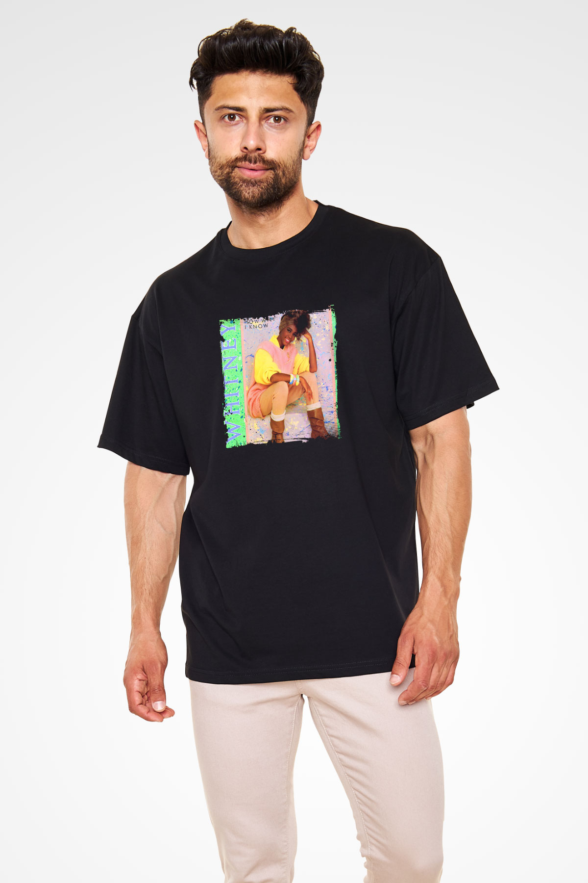 Whitney Houston Baskılı Unisex Oversize Siyah Tişört