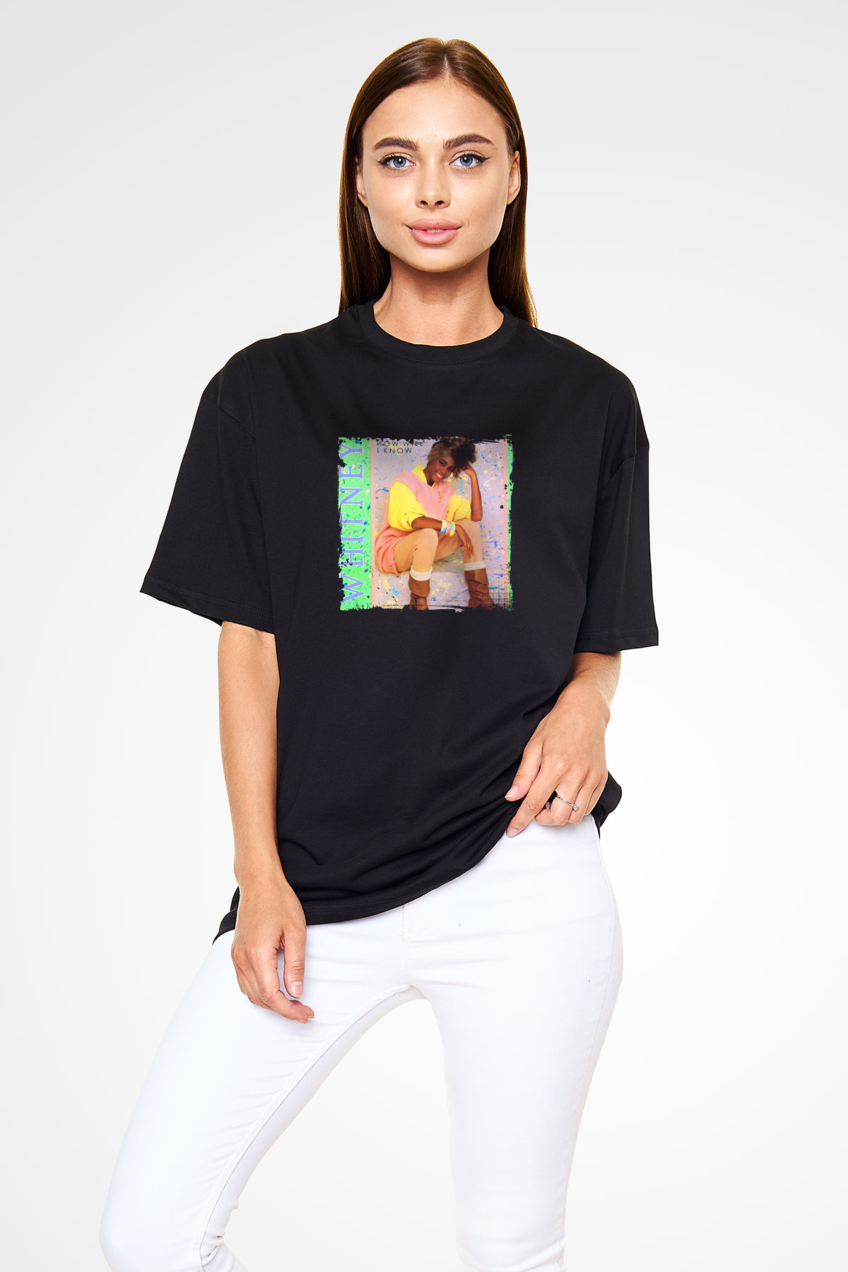 Whitney Houston Baskılı Unisex Oversize Siyah Tişört