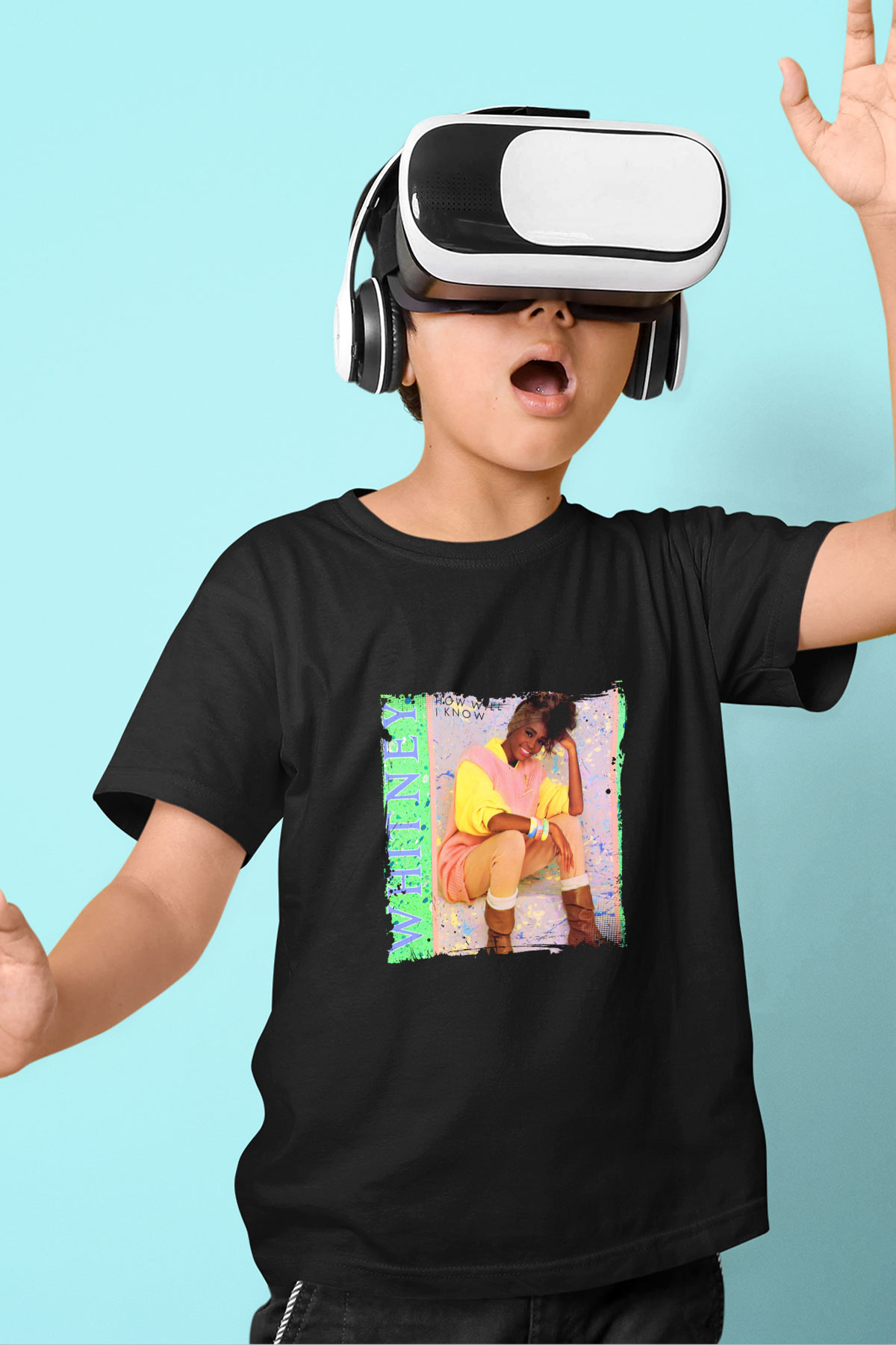 Whitney Houston Baskılı Unisex Siyah Çocuk Tişört