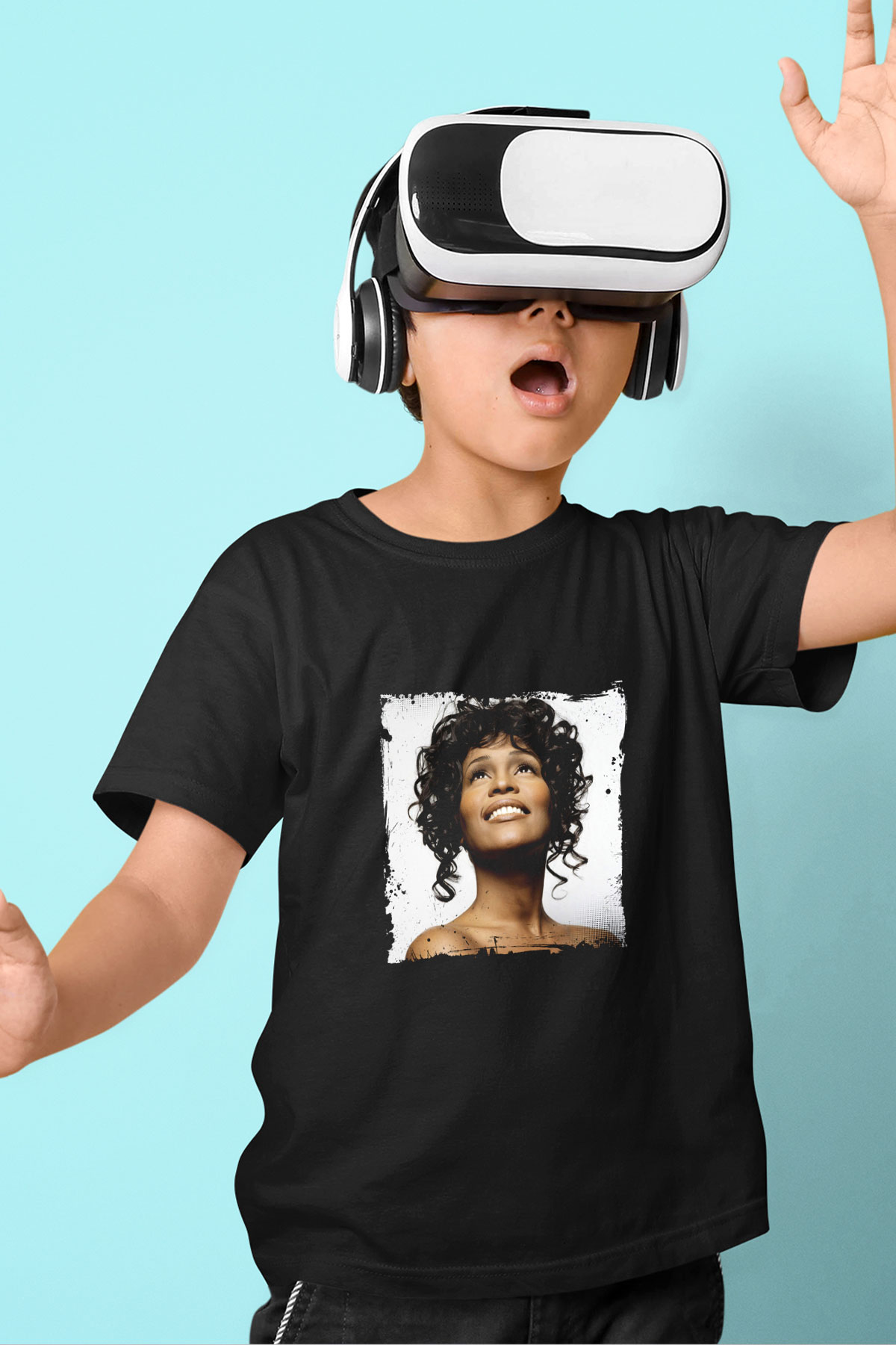 Whitney Houston Baskılı Unisex Siyah Çocuk Tişört
