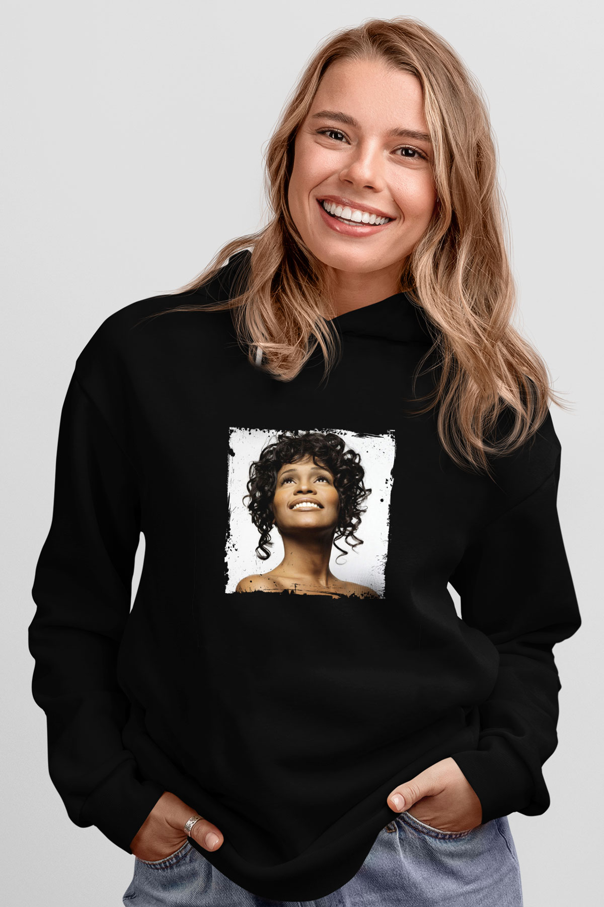 Whitney Houston Baskılı Unisex Siyah Hoodie