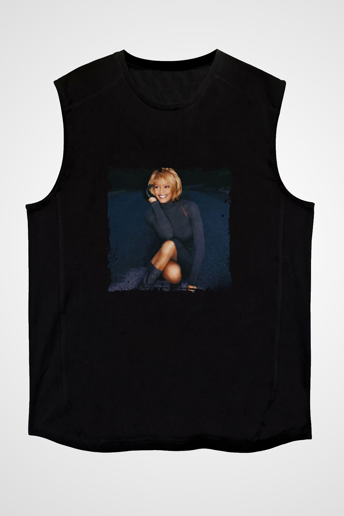 Whitney Houston Baskılı Unisex Siyah Kolsuz Tişört