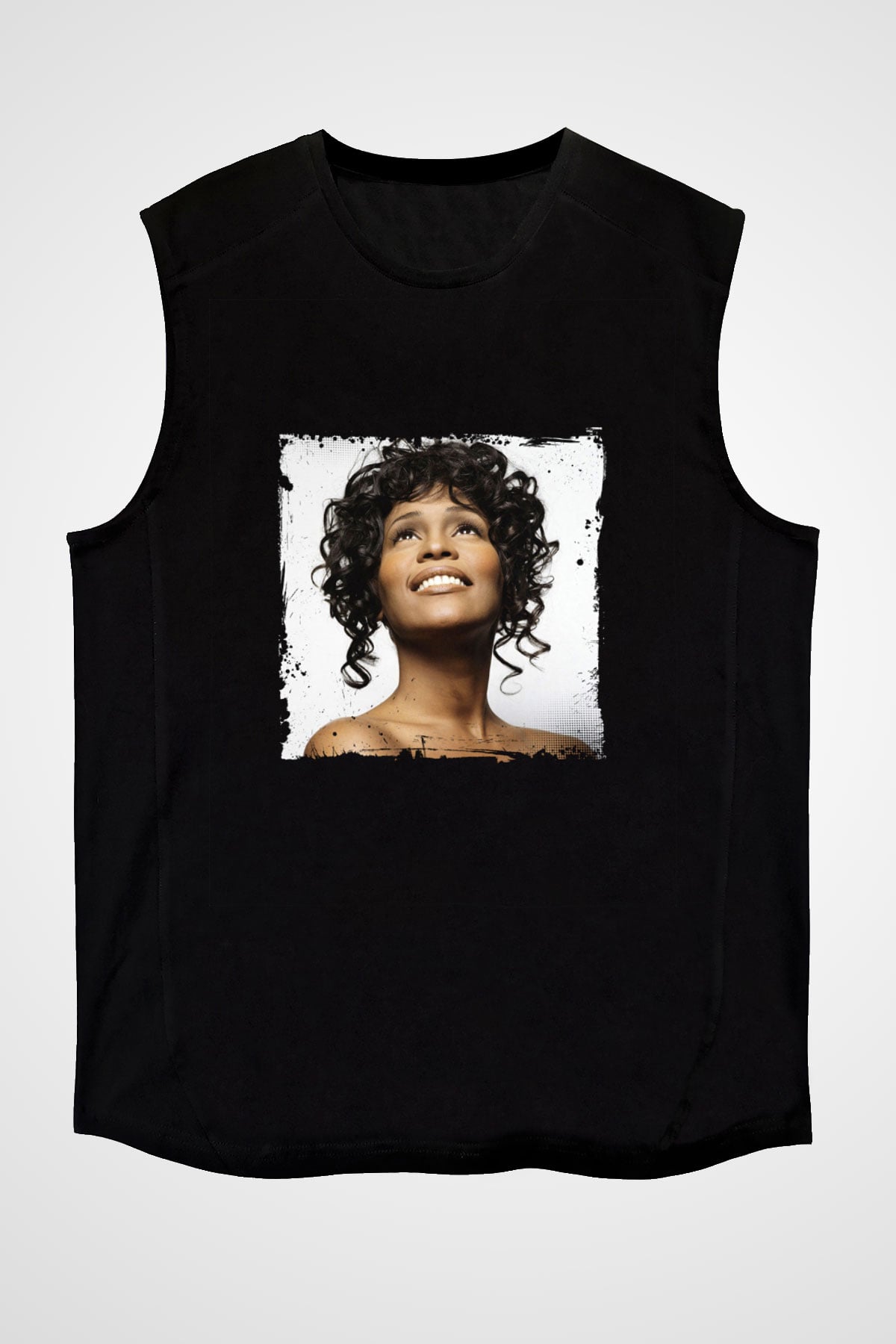 Whitney Houston Baskılı Unisex Siyah Kolsuz Tişört