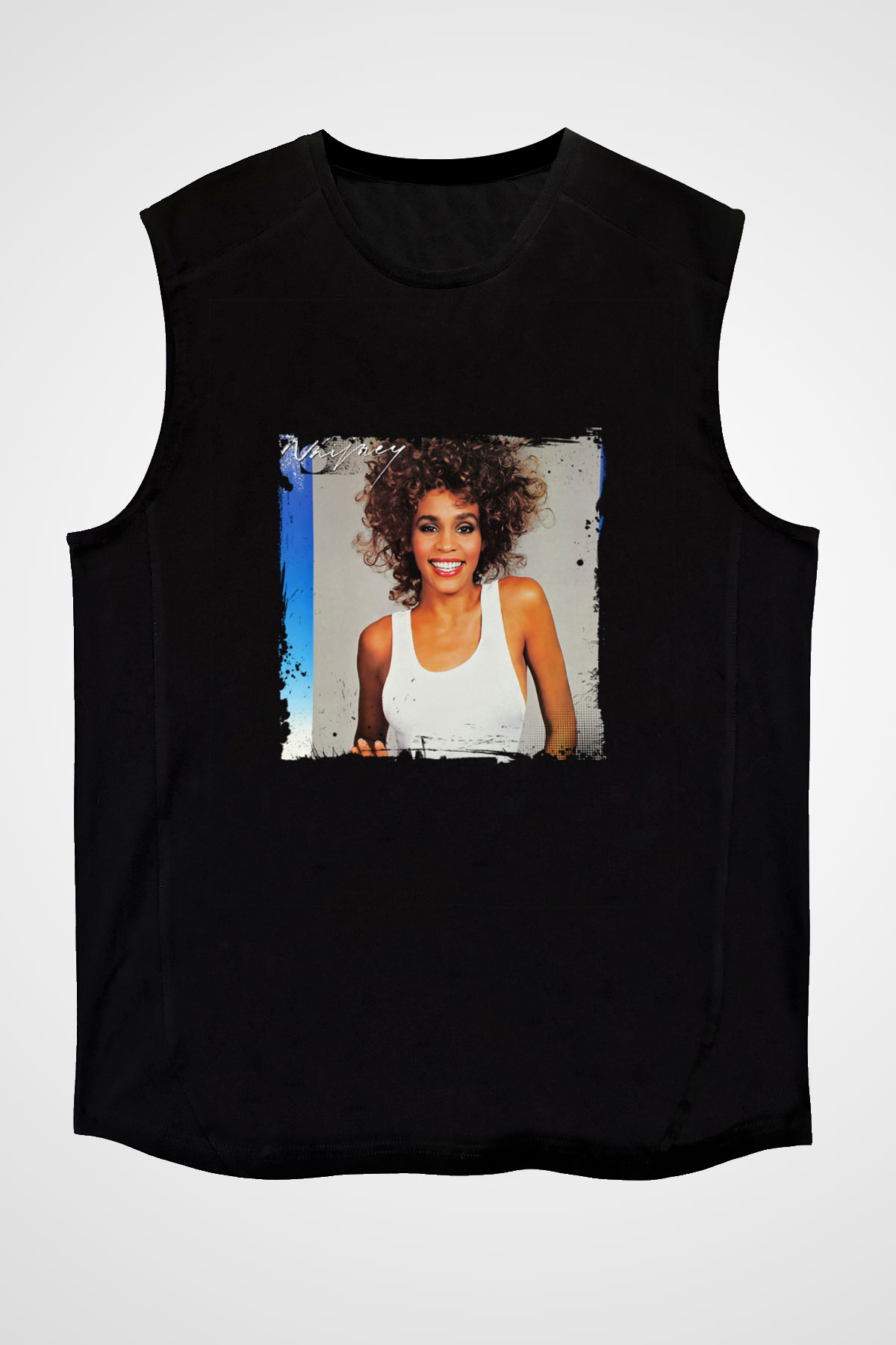 Whitney Houston Baskılı Unisex Siyah Kolsuz Tişört