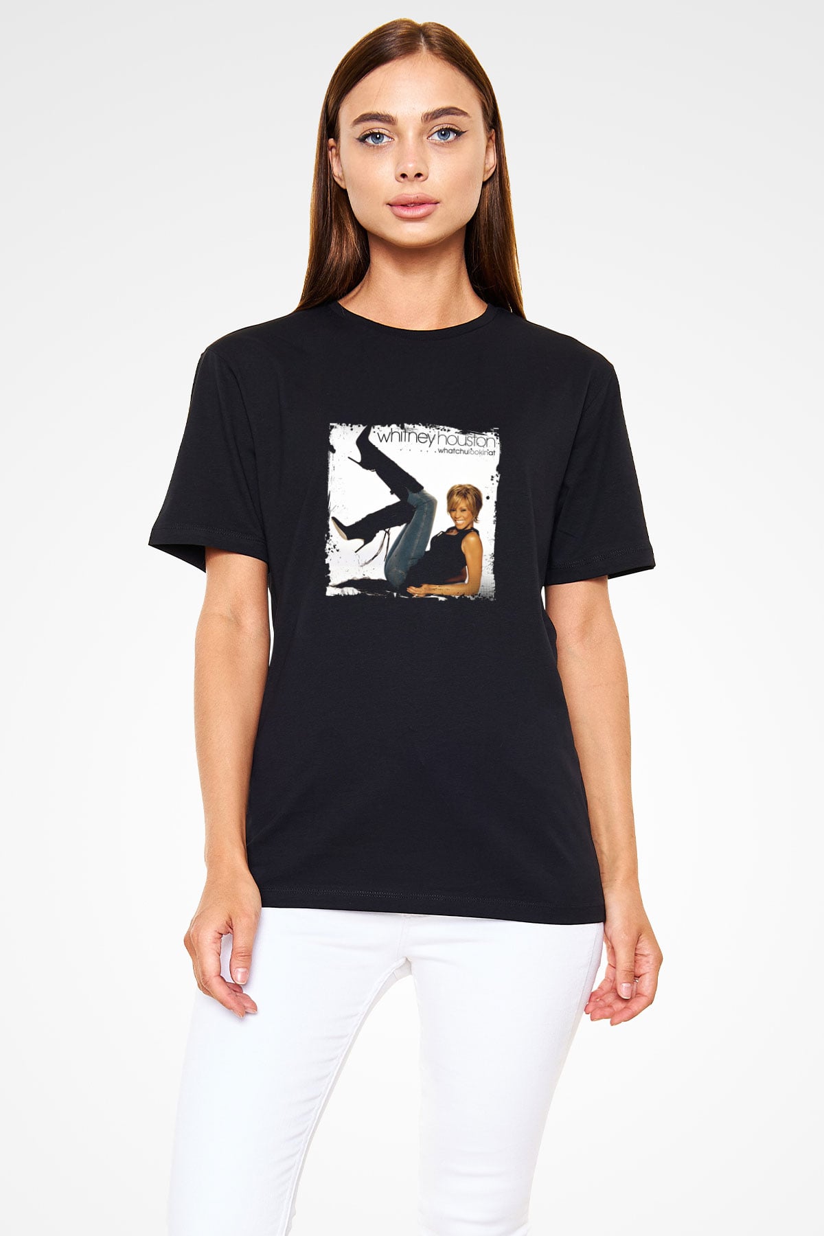 Whitney Houston Baskılı Unisex Siyah Tişört