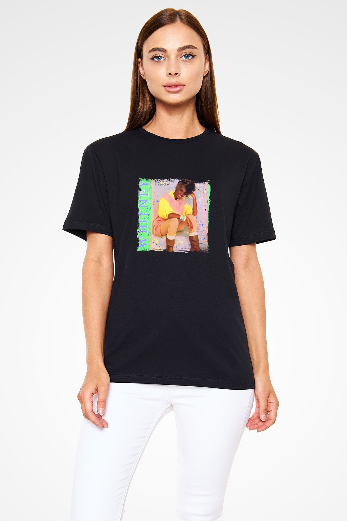 Whitney Houston Baskılı Unisex Siyah Tişört