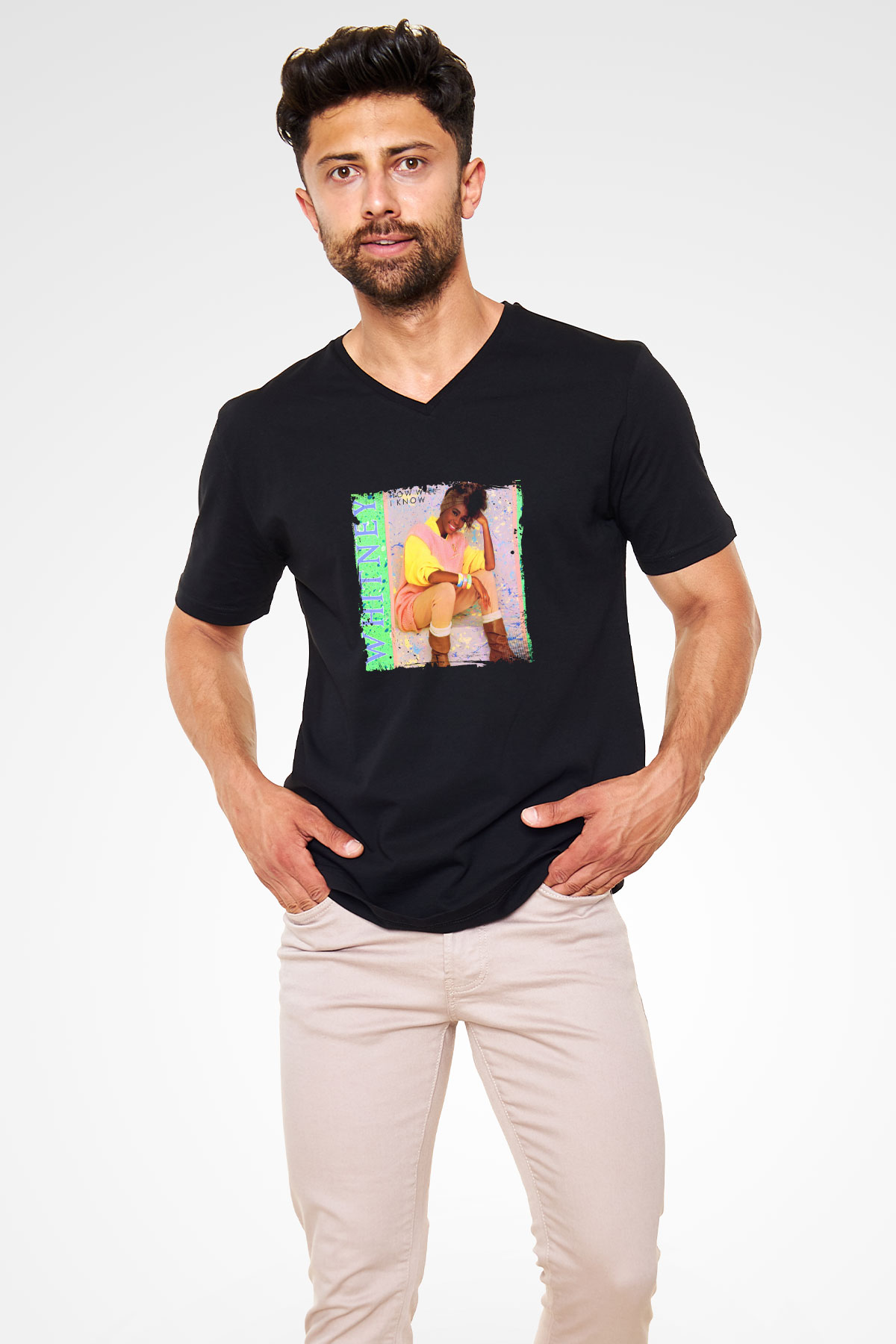 Whitney Houston Baskılı Unisex Siyah V Yaka Tişört