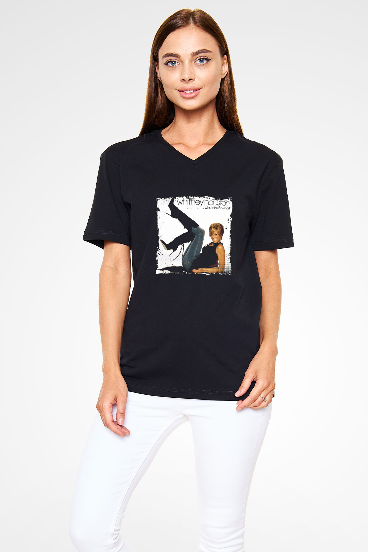 Whitney Houston Baskılı Unisex Siyah V Yaka Tişört