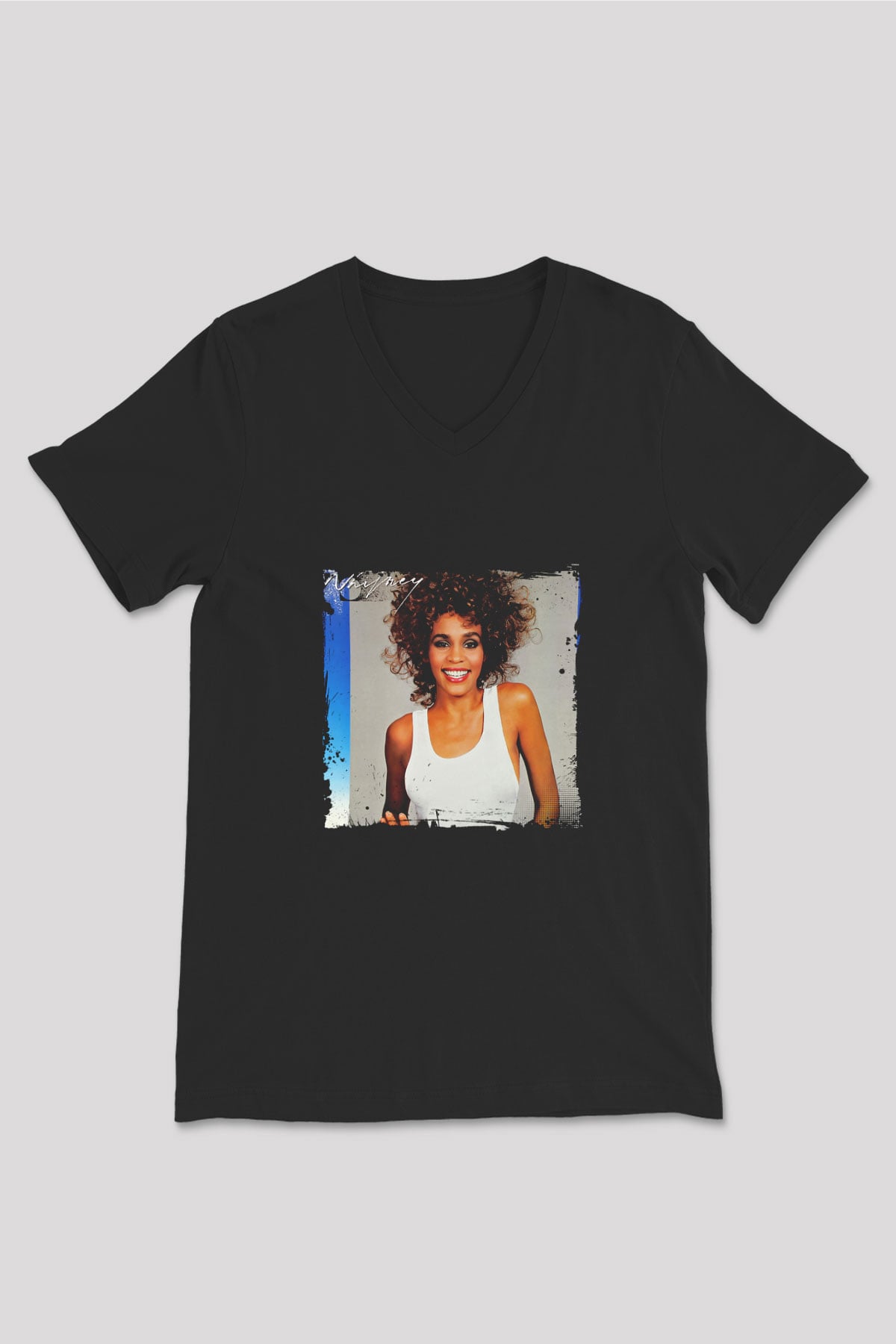 Whitney Houston Baskılı Unisex Siyah V Yaka Tişört