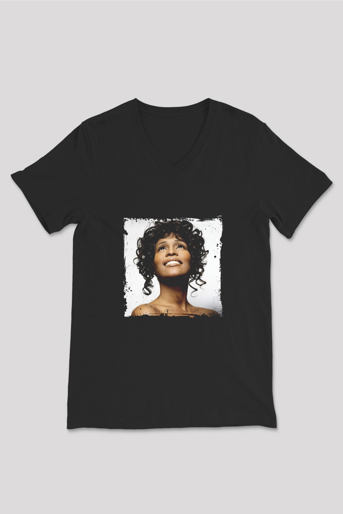 Whitney Houston Baskılı Unisex Siyah V Yaka Tişört