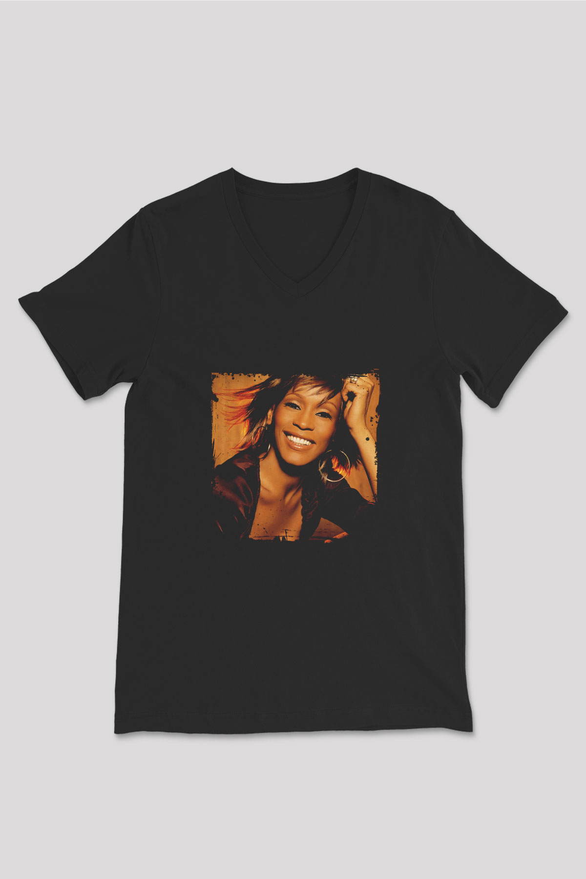 Whitney Houston Baskılı Unisex Siyah V Yaka Tişört