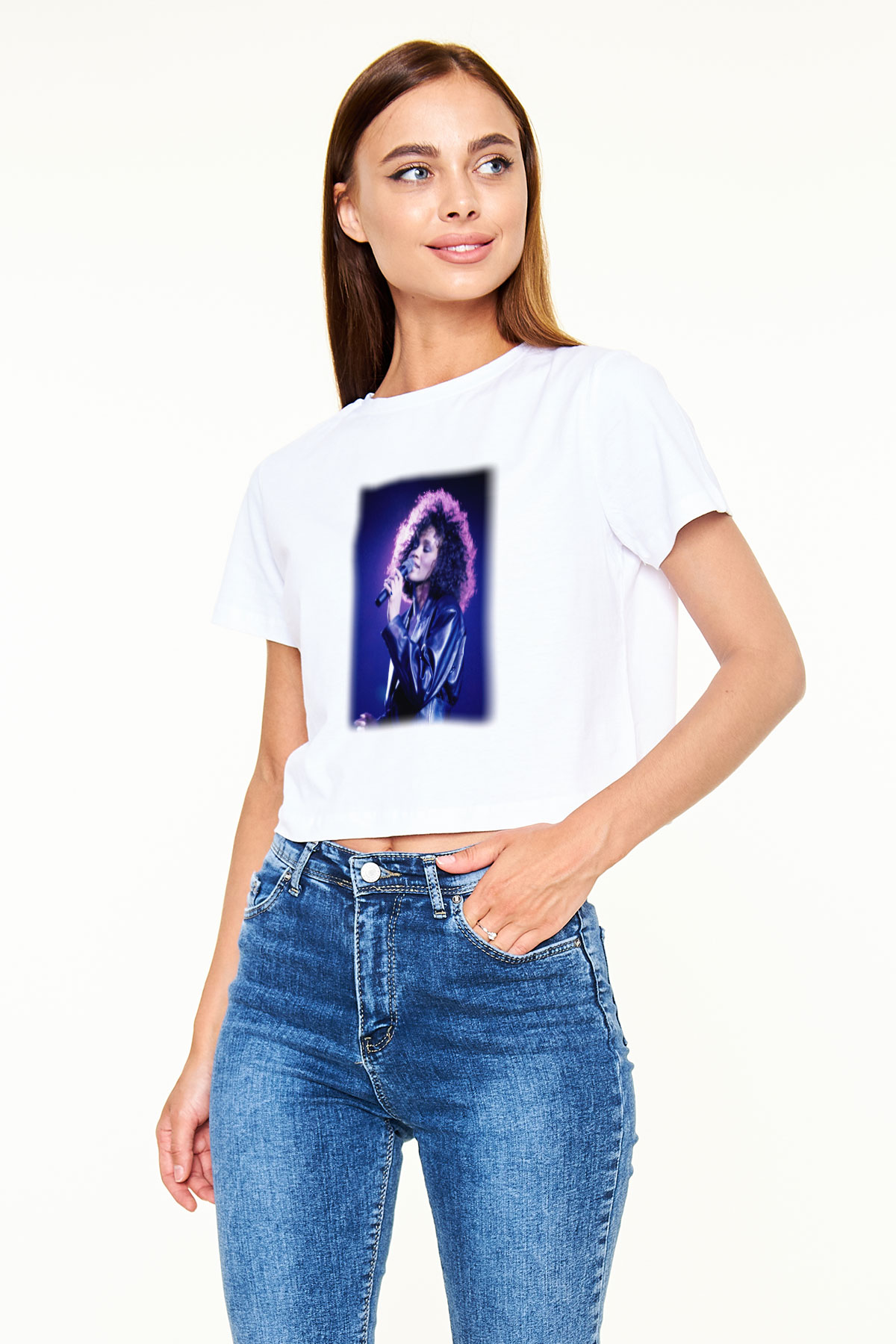 Whitney Houston Beyaz Croptop Tişört