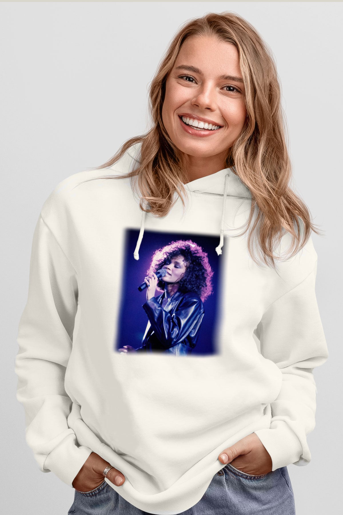 Whitney Houston Beyaz Unisex Kapşonlu Sweatshirt