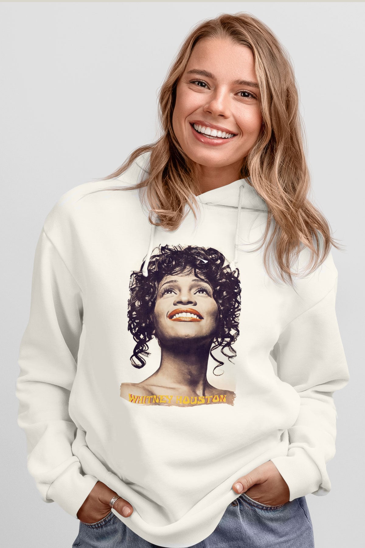 Whitney Houston Beyaz Unisex Kapüşonlu Sweatshirt