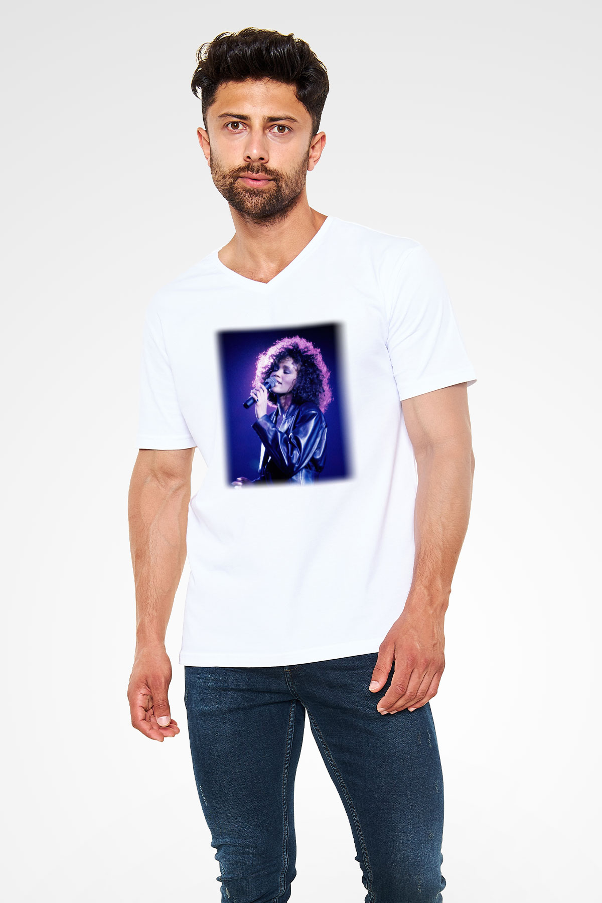 Whitney Houston Beyaz Unisex V Yaka Tişört T-Shirt