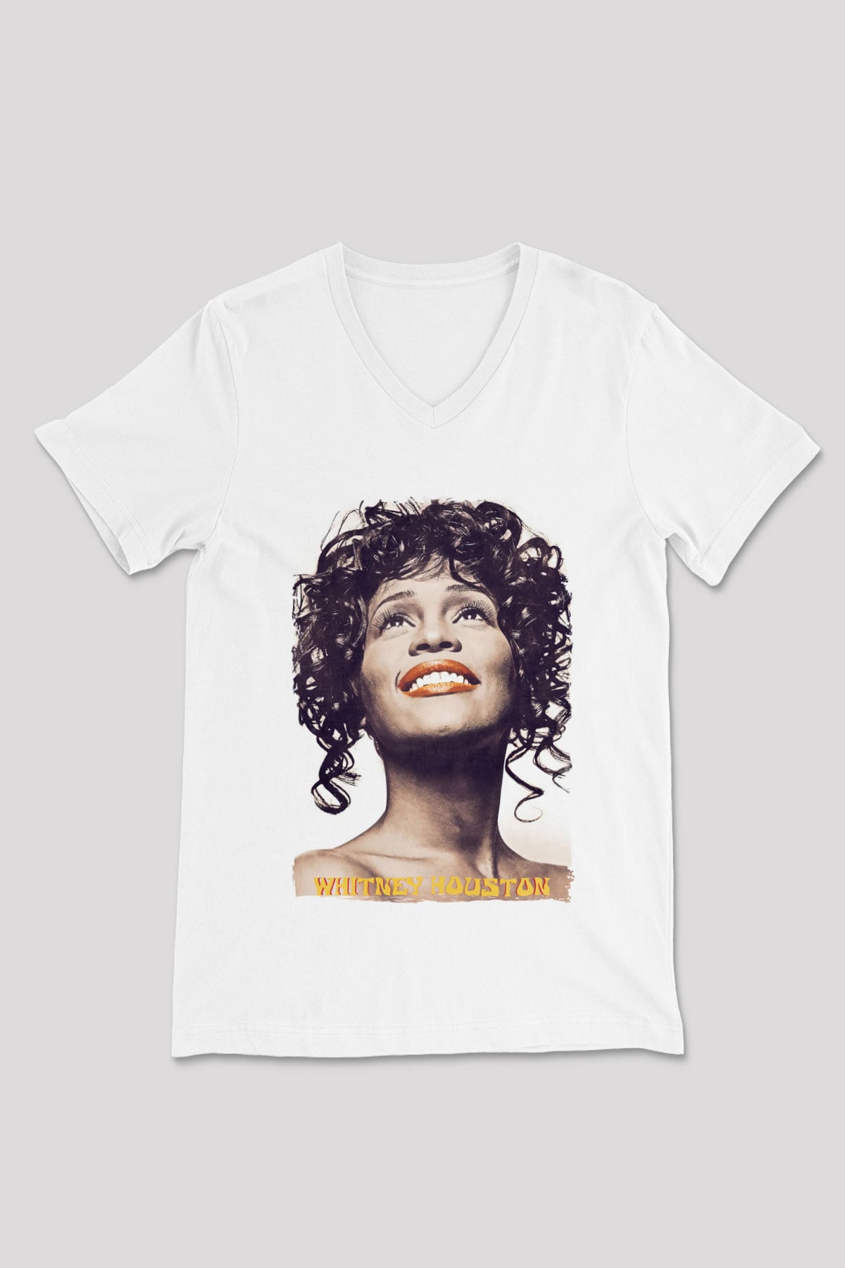 Whitney Houston Beyaz Unisex V Yaka Tişört