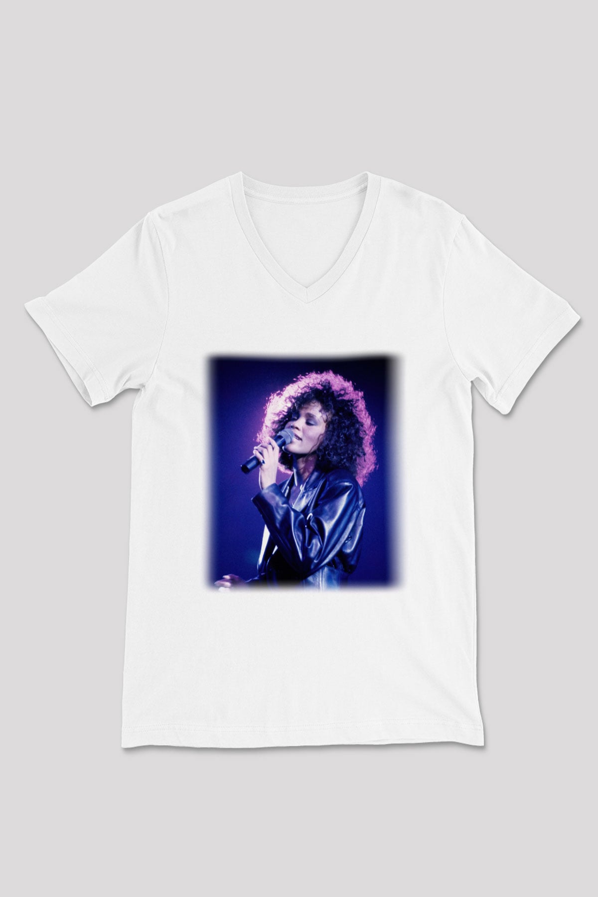Whitney Houston Beyaz Unisex V Yaka Tişört T-Shirt