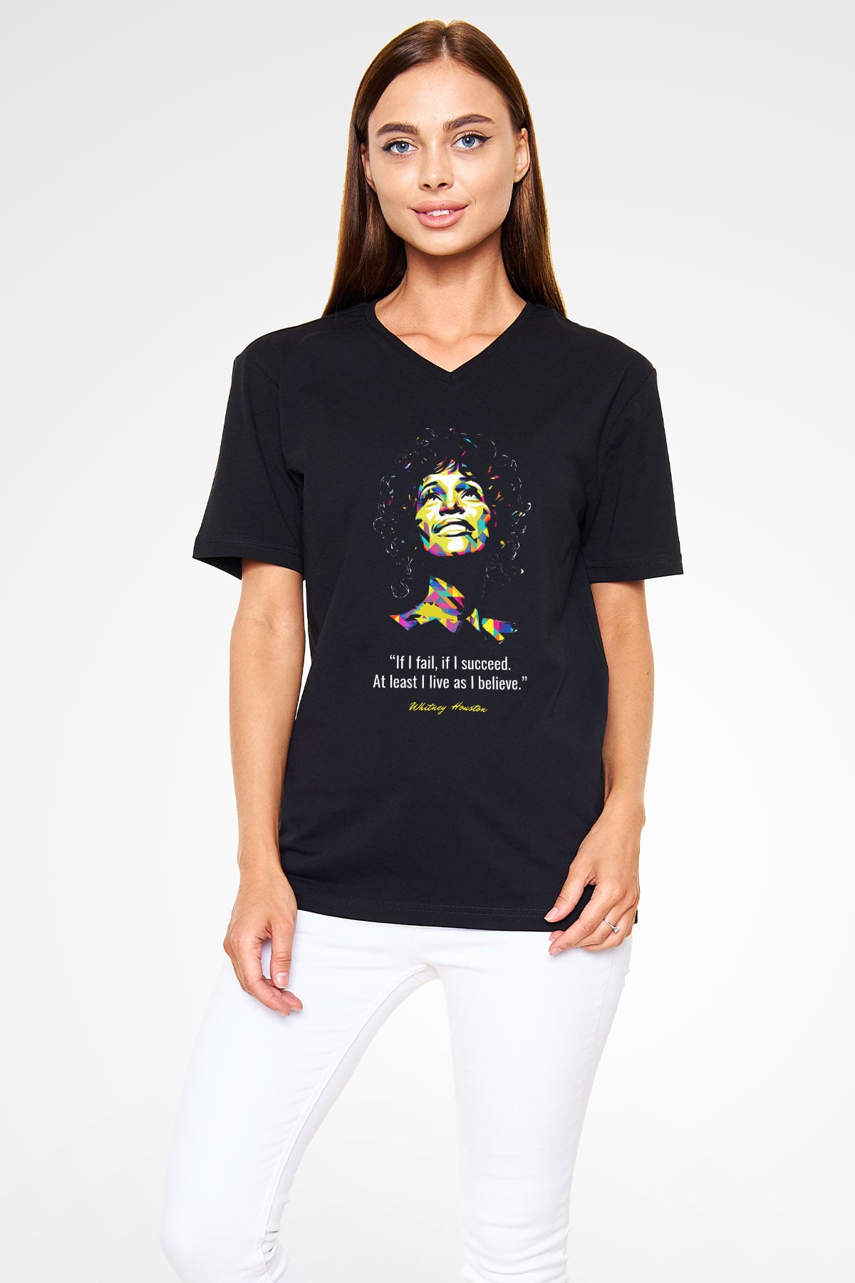 Whitney Houston Siyah Unisex V Yaka Tişört