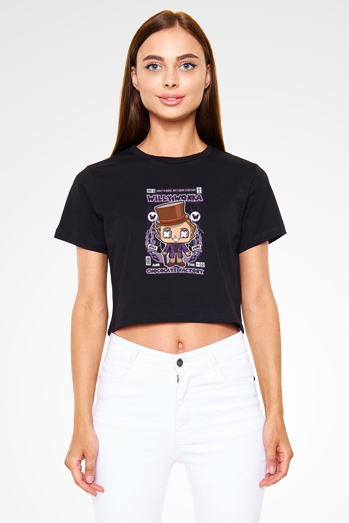 Willy Wonka Çikolata Fabrikası Baskılı  Siyah  Crop Top Tişört