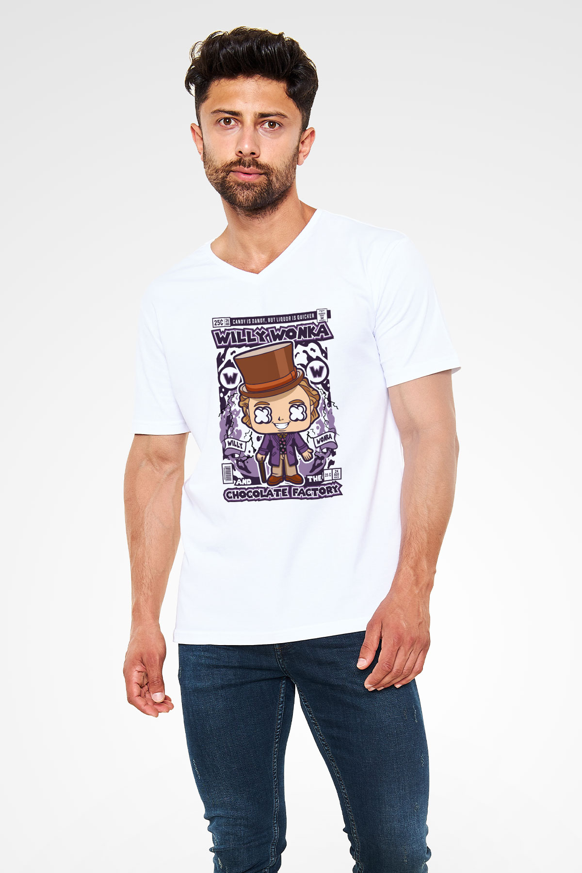 Willy Wonka Çikolata Fabrikası Baskılı Unisex Beyaz V Yaka Tişört