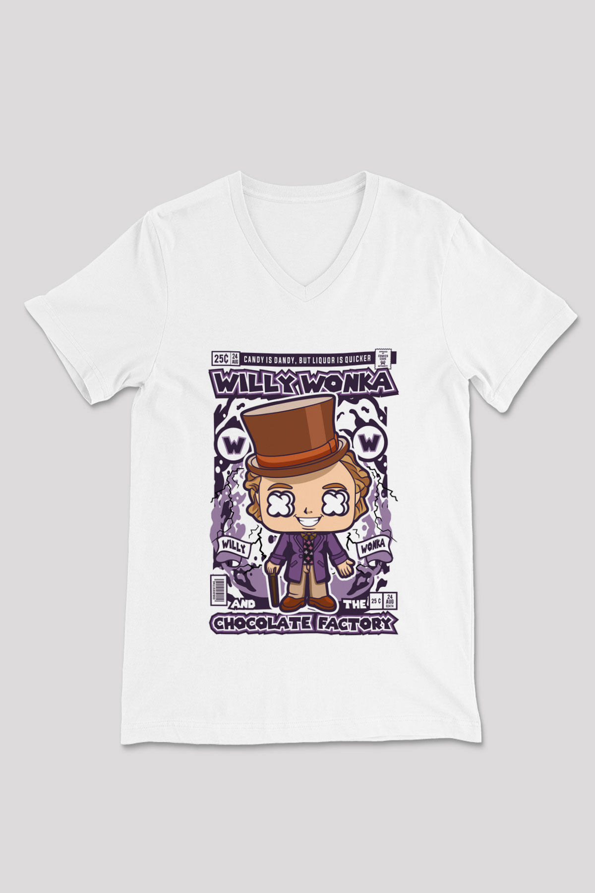 Willy Wonka Çikolata Fabrikası Baskılı Unisex Beyaz V Yaka Tişört
