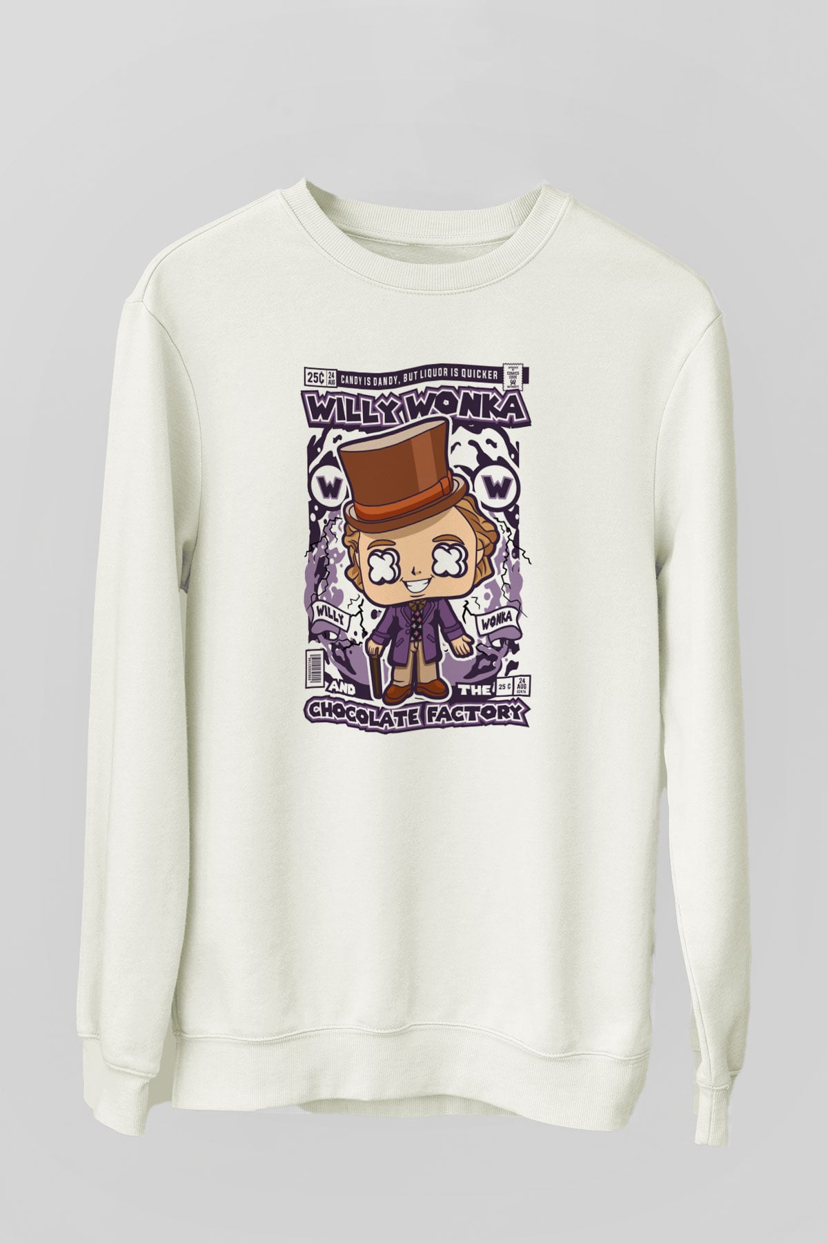 Willy Wonka Çikolata Fabrikası Baskılı Unisex Beyaz Sweatshirt