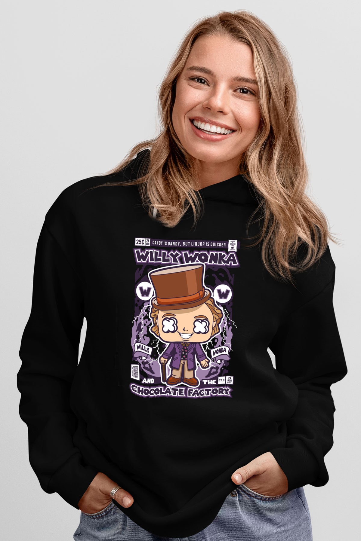 Willy Wonka Çikolata Fabrikası Baskılı Unisex Siyah Hoodie