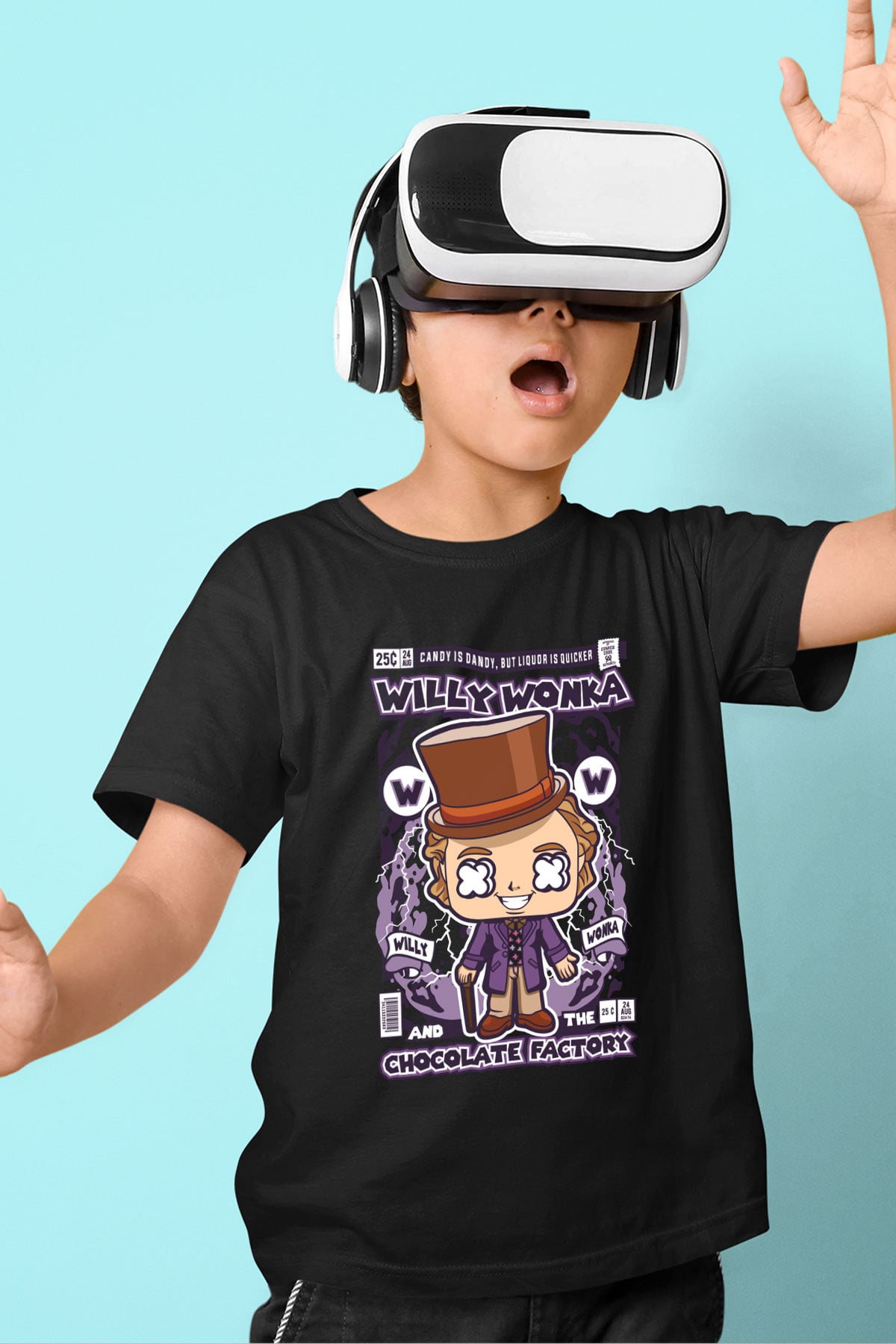 Willy Wonka Çikolata Fabrikası Baskılı Unisex Siyah Çocuk Tişört