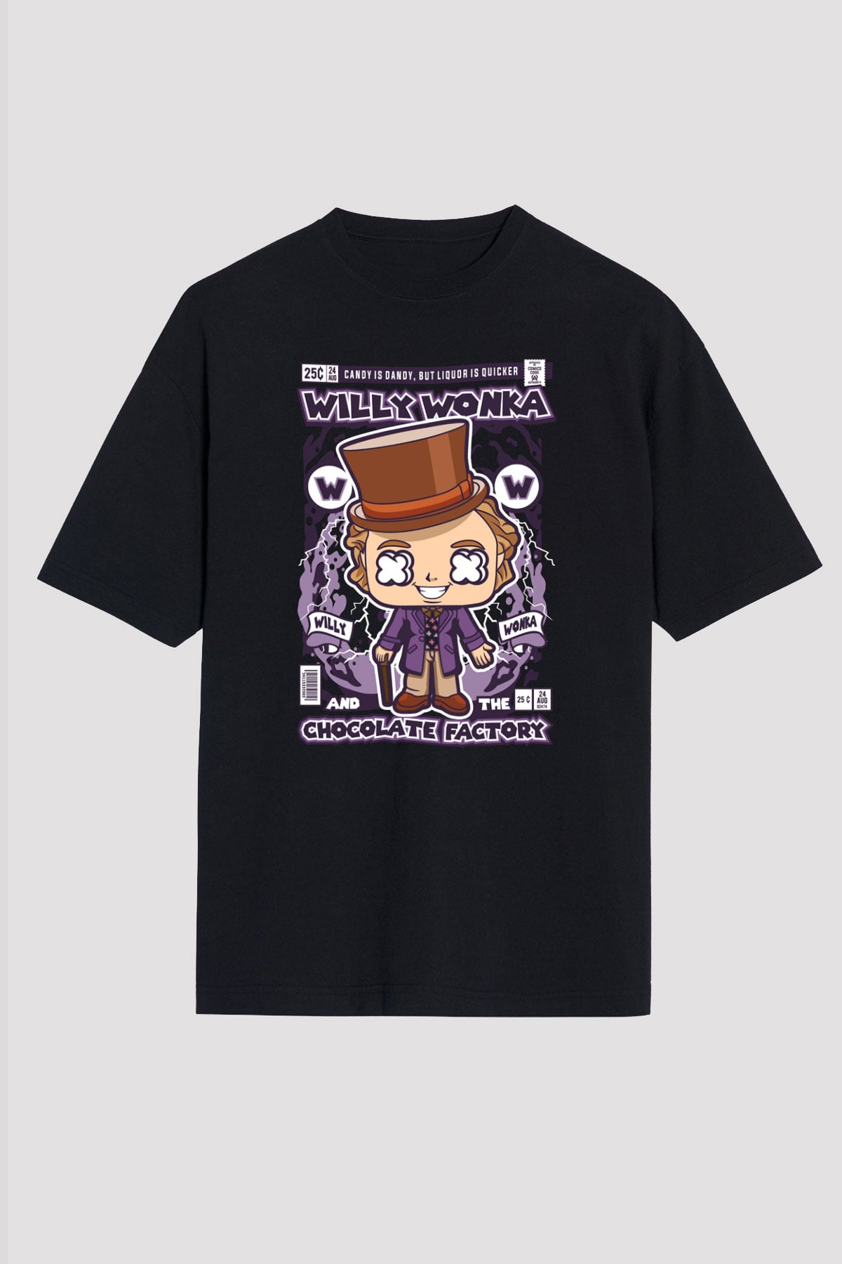 Willy Wonka Çikolata Fabrikası Baskılı Unisex Siyah Oversize Tişört