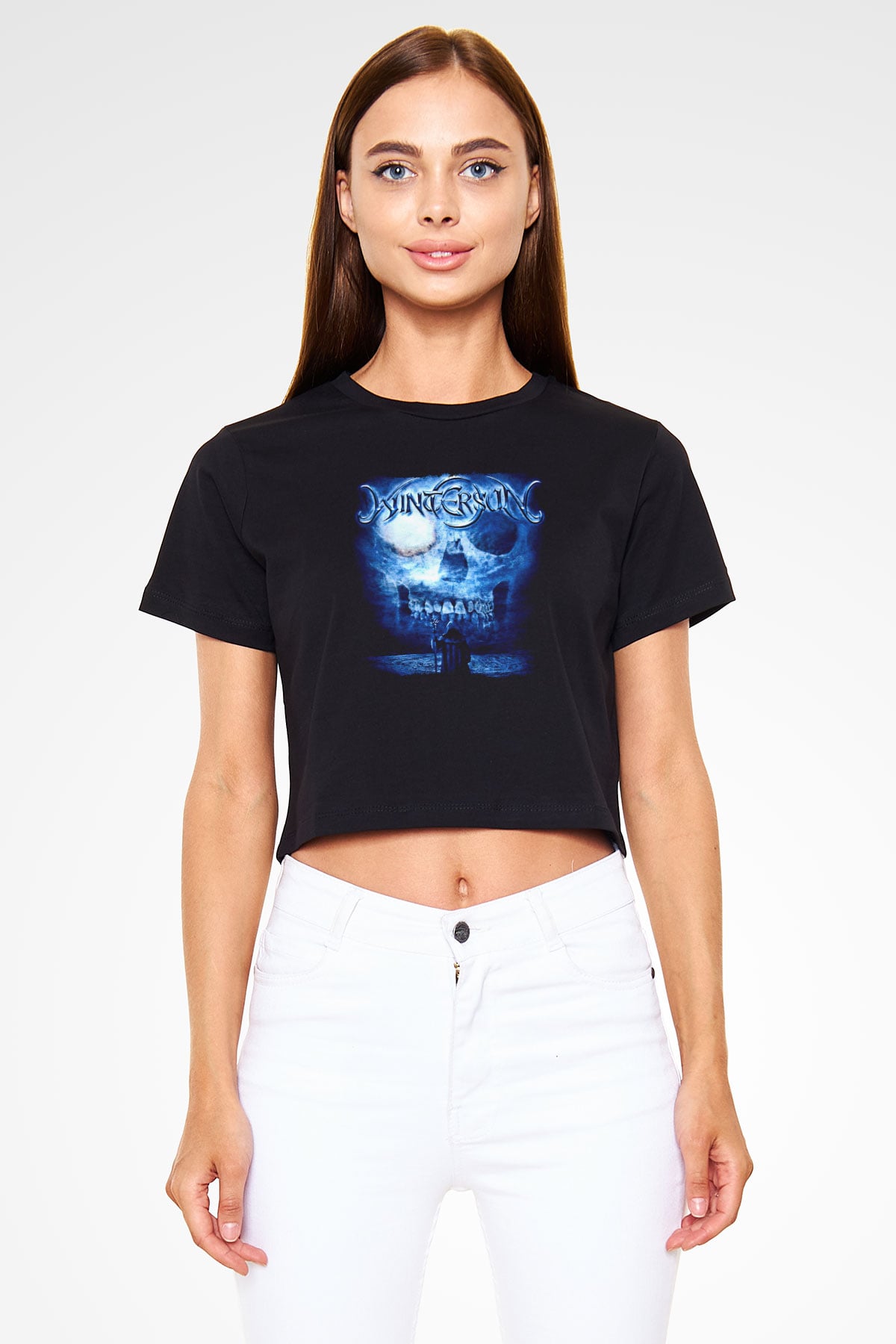 Wintersun Baskılı Siyah Crop Top Kadın Tişört - Tshirt