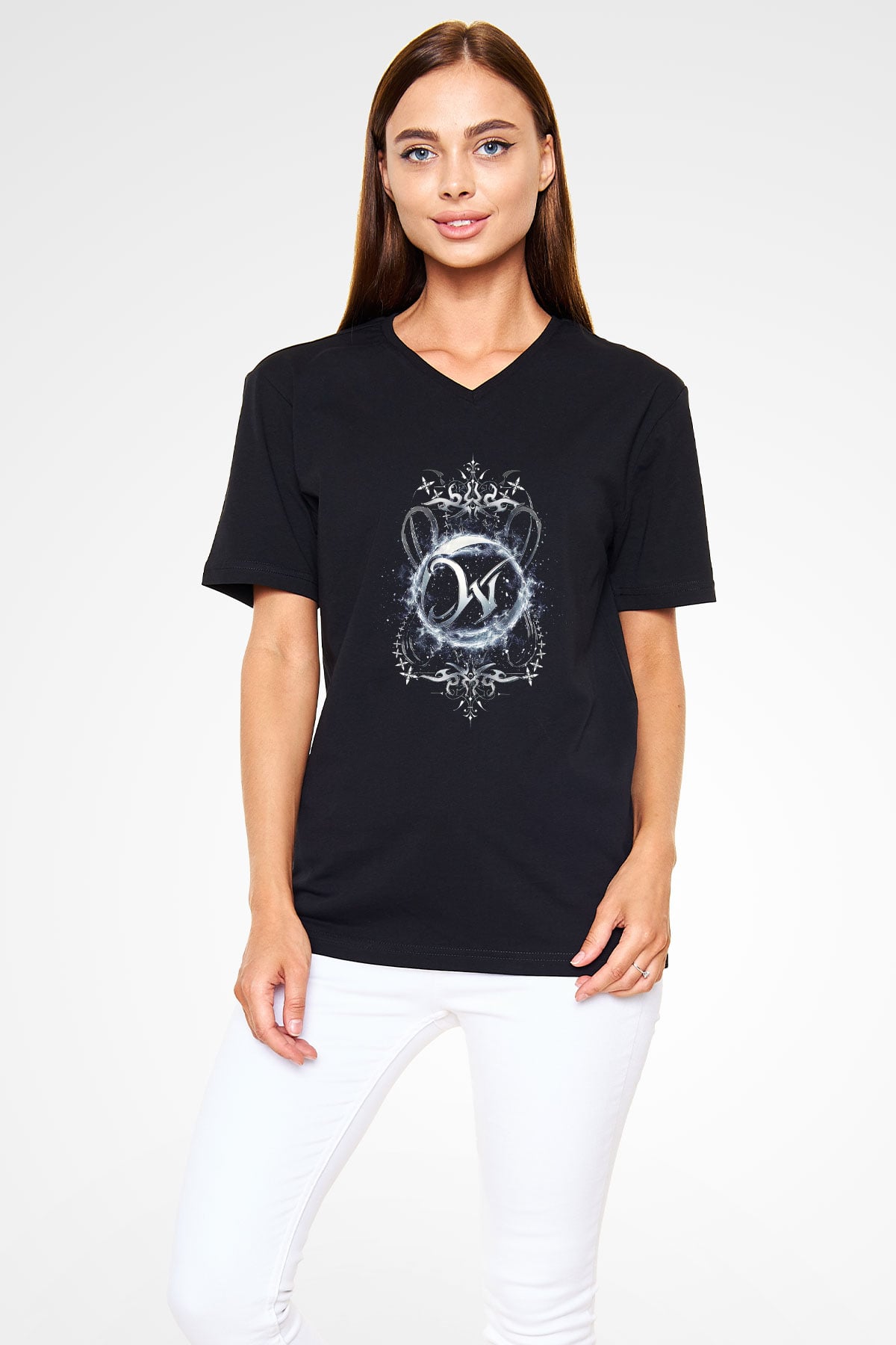 Wintersun Baskılı Unisex Siyah V Yaka Tişört - Tshirt