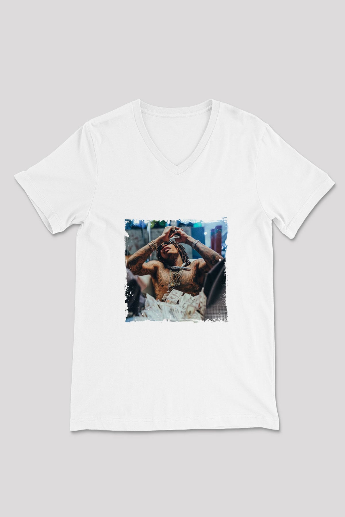 Wiz Khalifa Baskılı Beyaz V Yaka Unisex Tişört