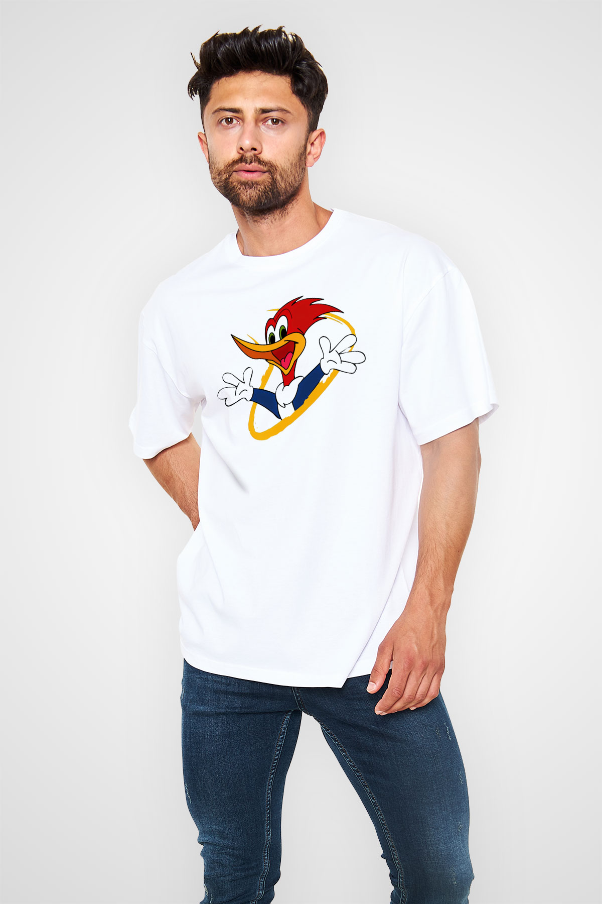 Woody Woodpecker Beyaz Unisex Oversize Tişört