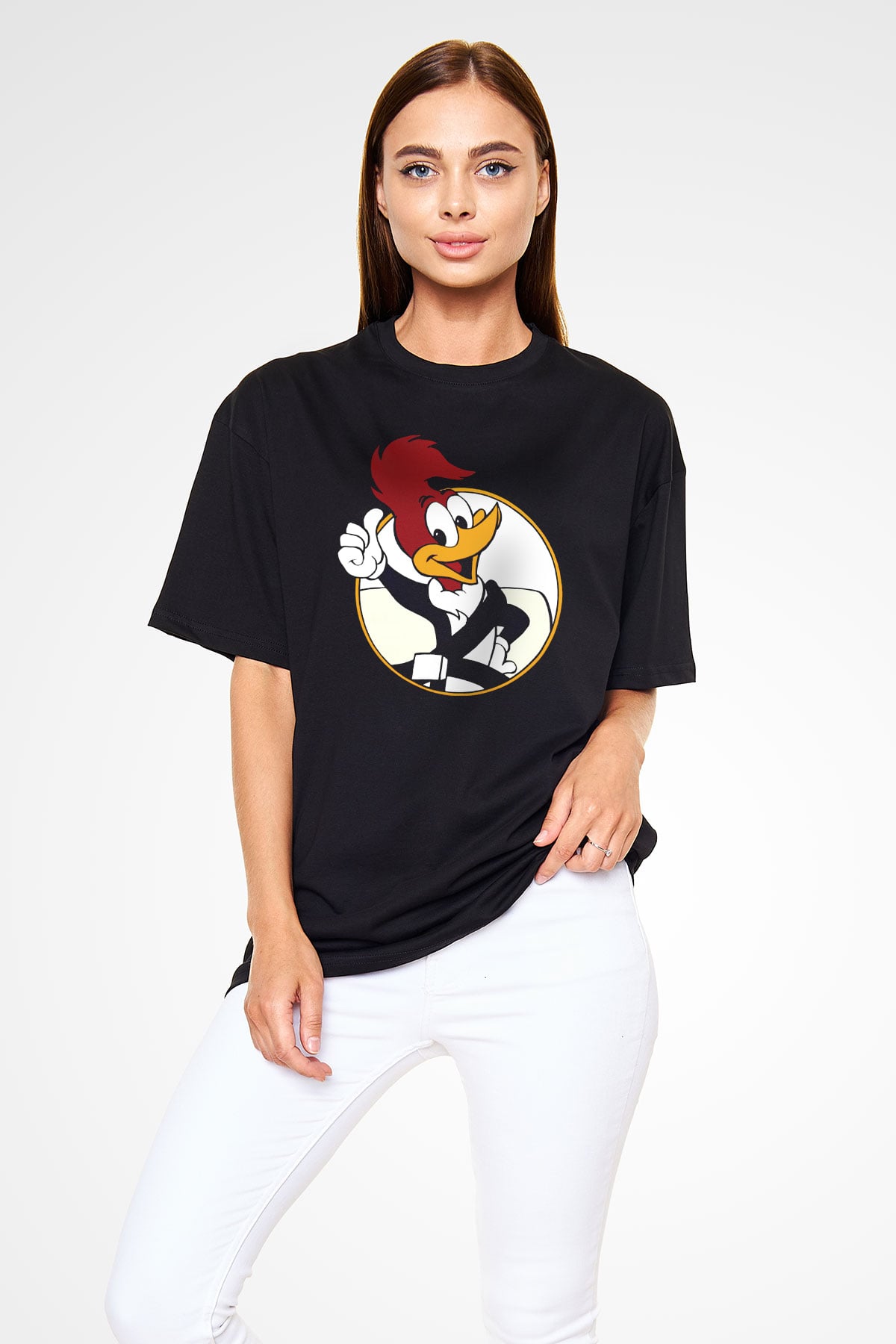 Woody Woodpecker Siyah Unisex Oversize Tişört