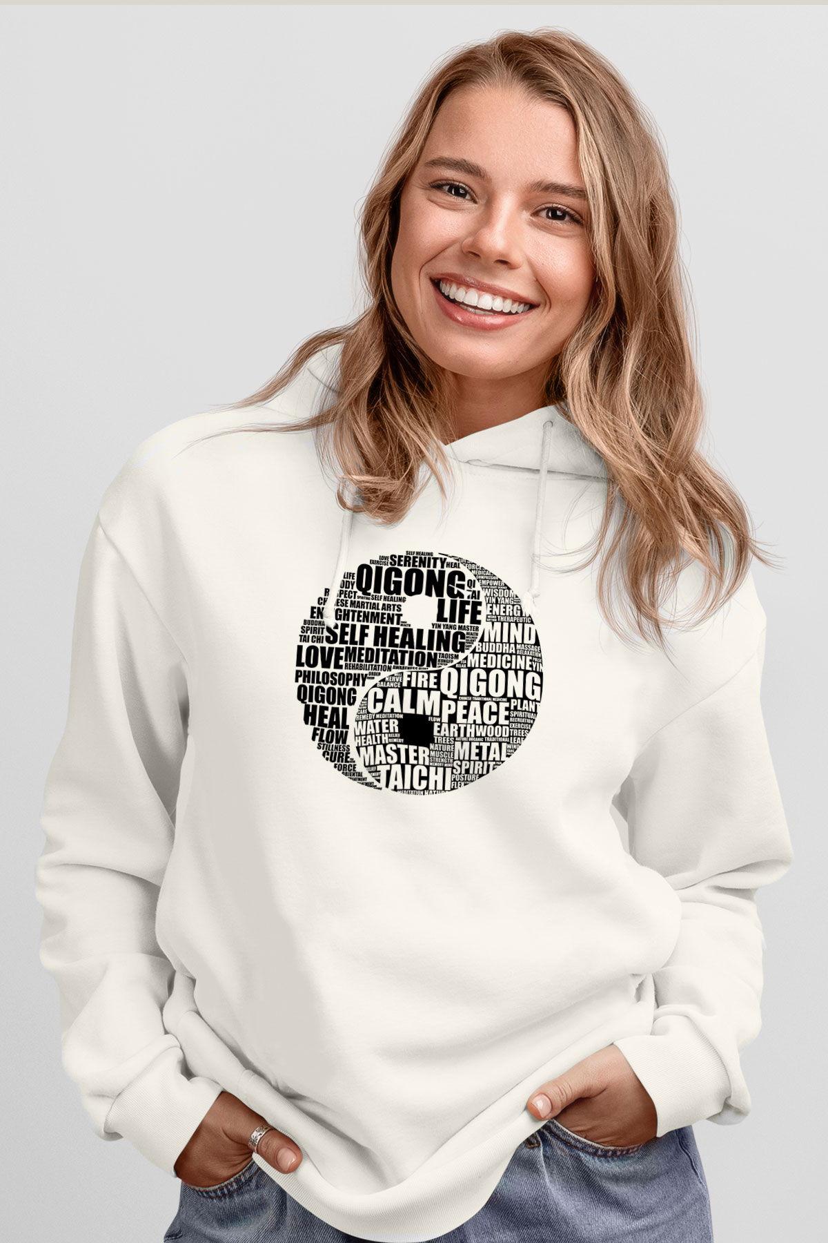 Wushu Baskılı Unisex Ekru Hoodie