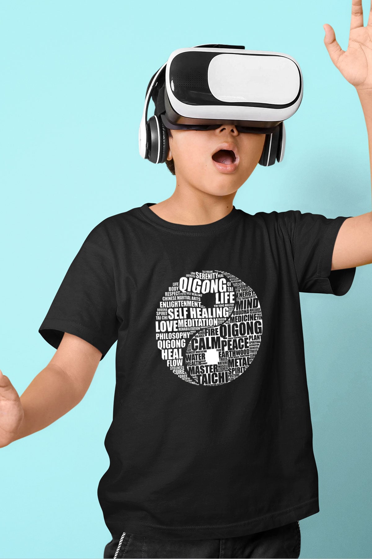 Wushu Baskılı Unisex Siyah Çocuk Tİşörtü - Tshirt