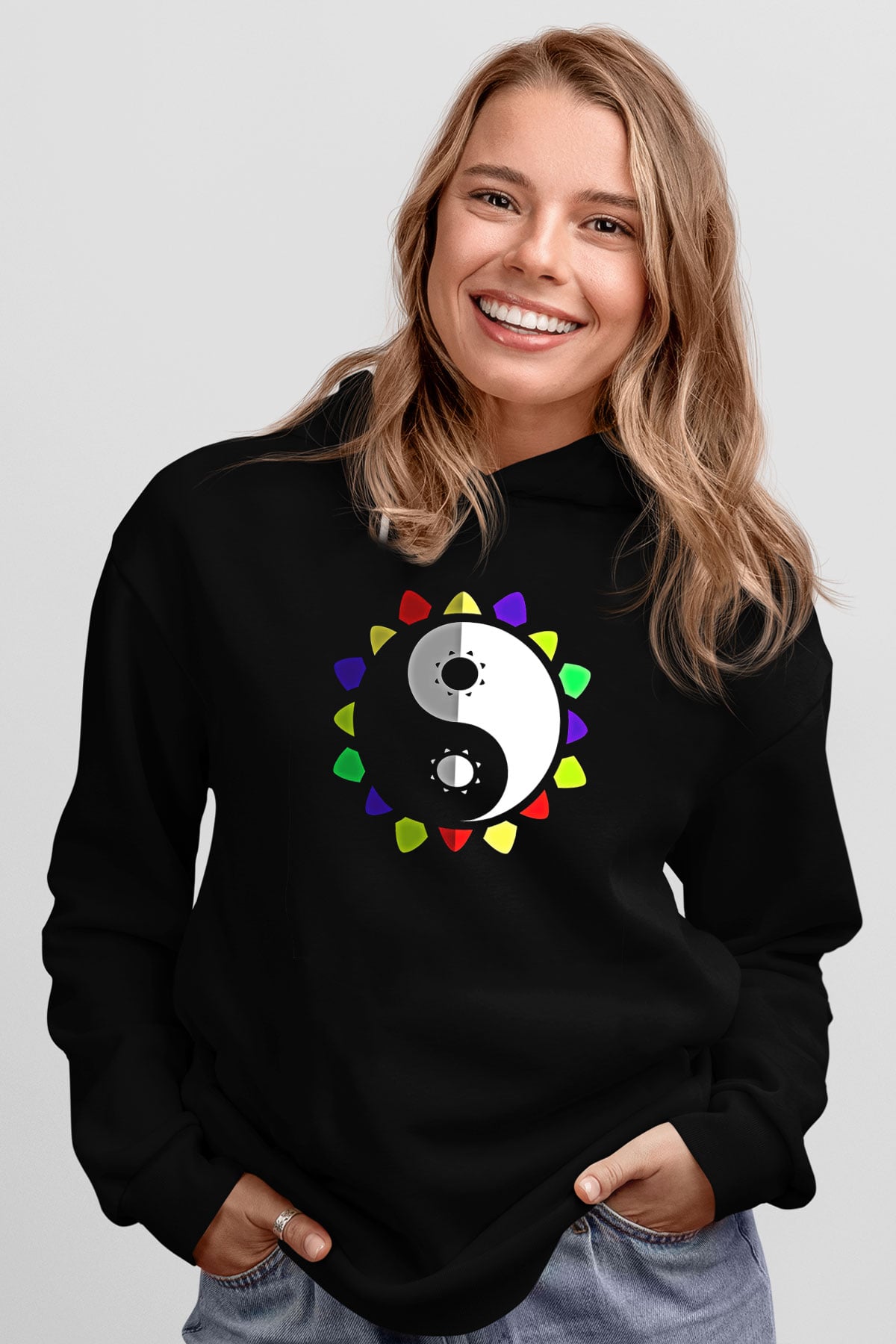 Wushu Baskılı Unisex Siyah Kapüşonlu Sweatshirt