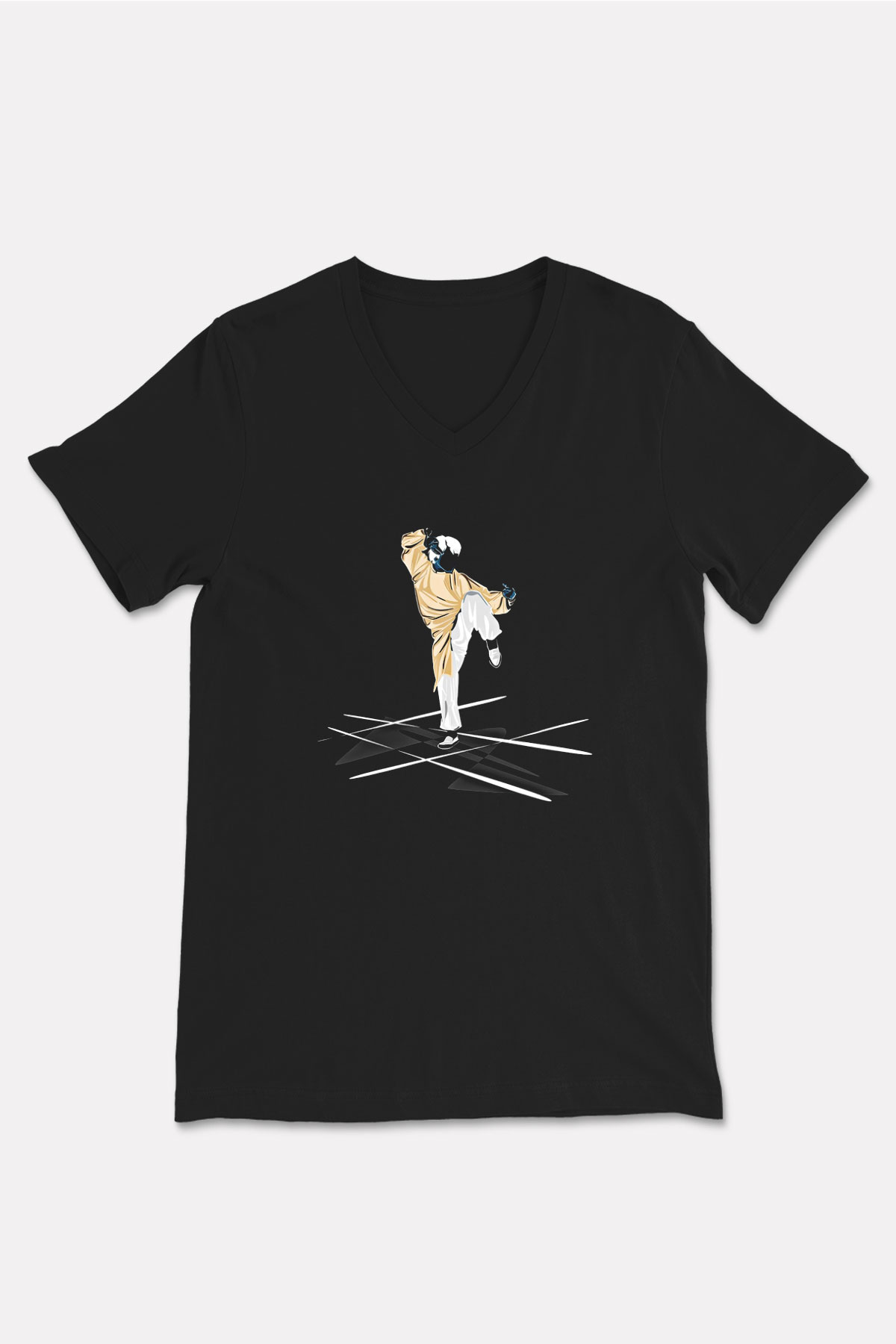 Wushu Baskılı Unisex Siyah V Yaka Tişört