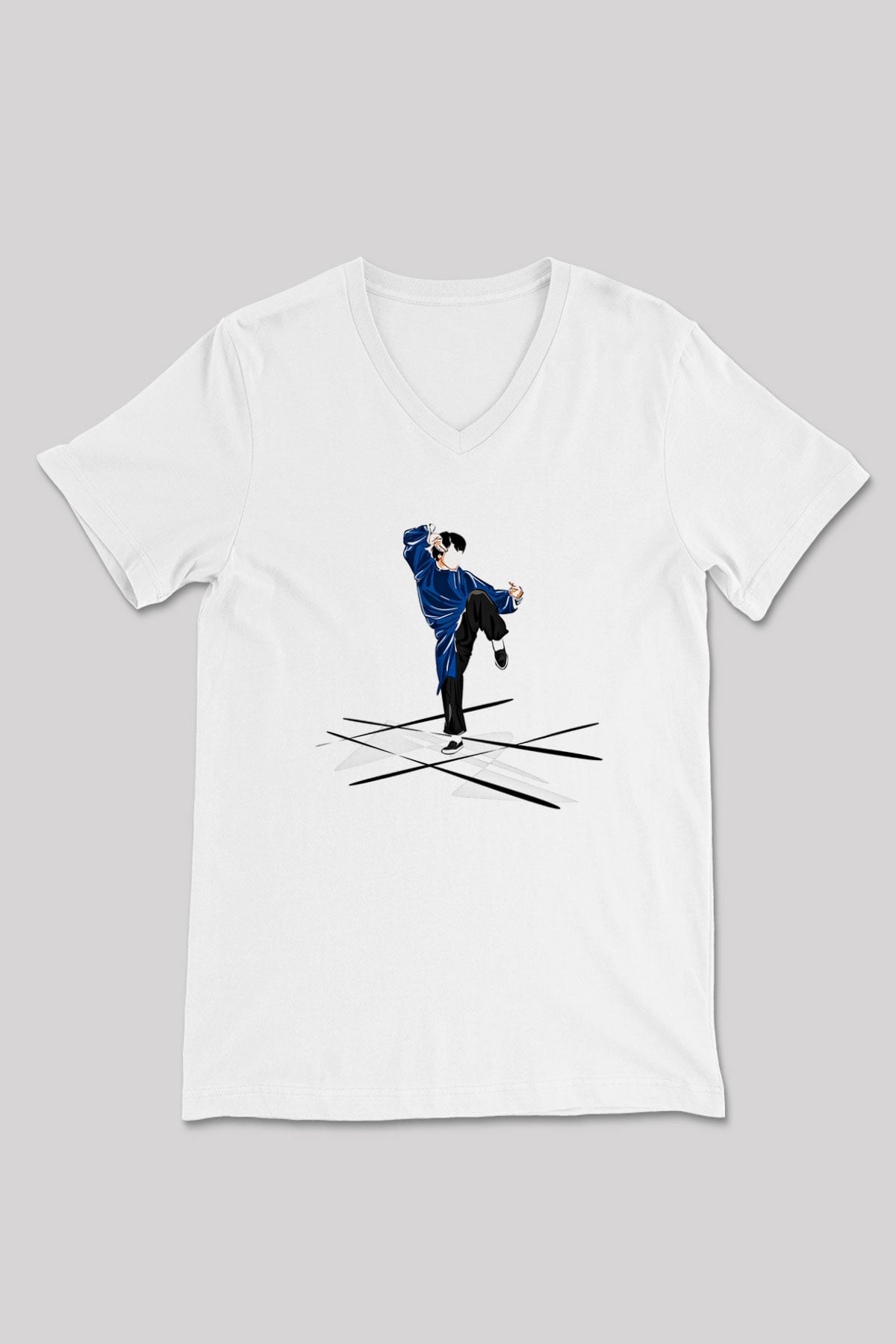 Wushu Baskılı Unisex V Yaka Tişört - Tshirt
