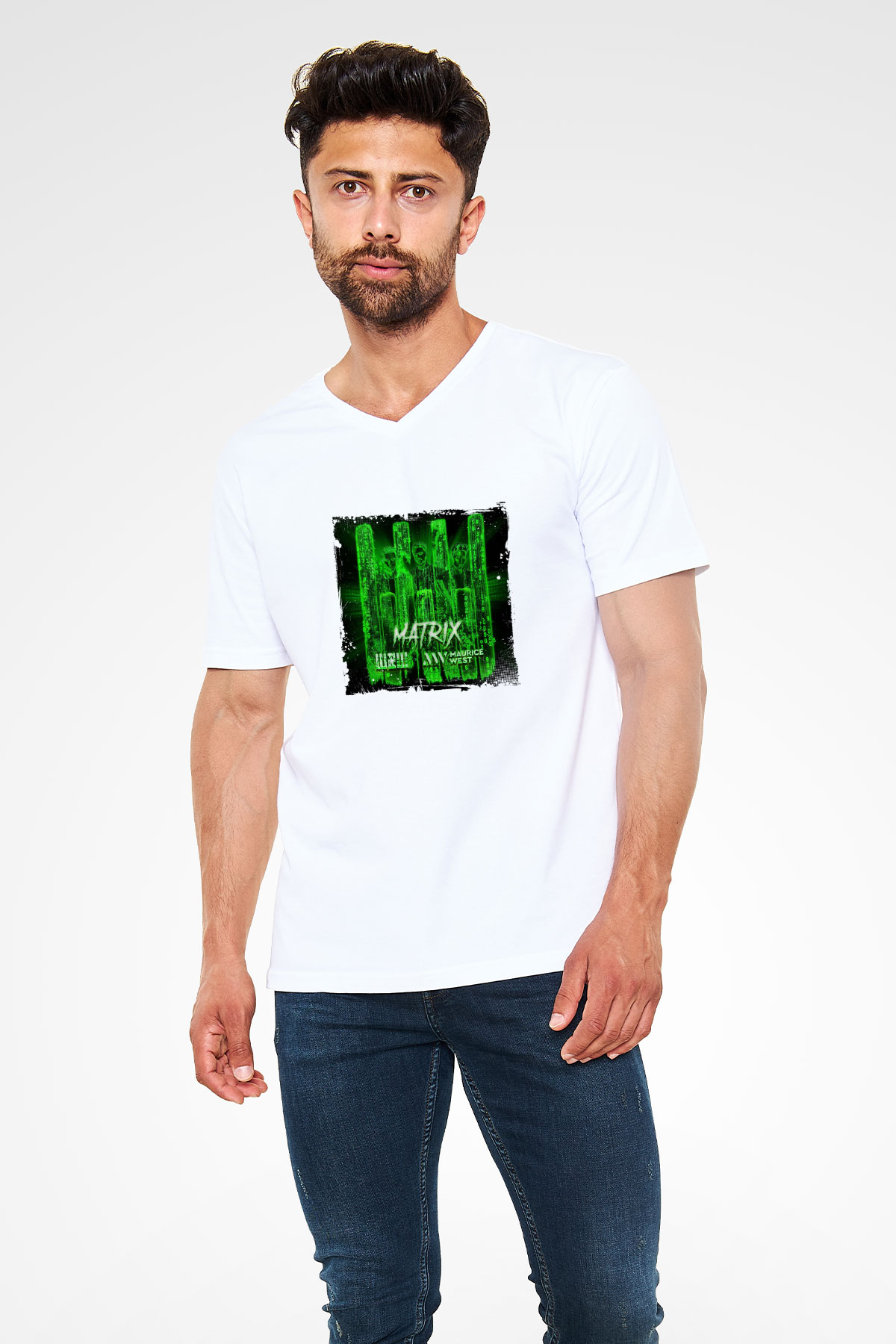 W&W Baskılı Beyaz V Yaka Unisex Tişört