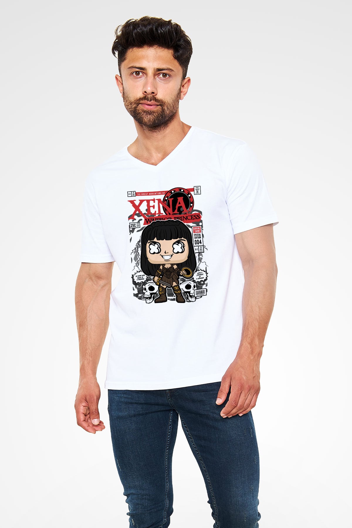 XENA - Savaşçı Prenses Baskılı Unisex Beyaz V Yaka Tişört