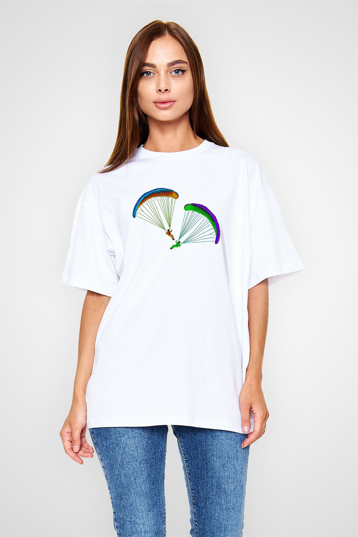 Yamaç Paraşütü Baskılı Unisex Beyaz Oversize Tişört - Tshirt
