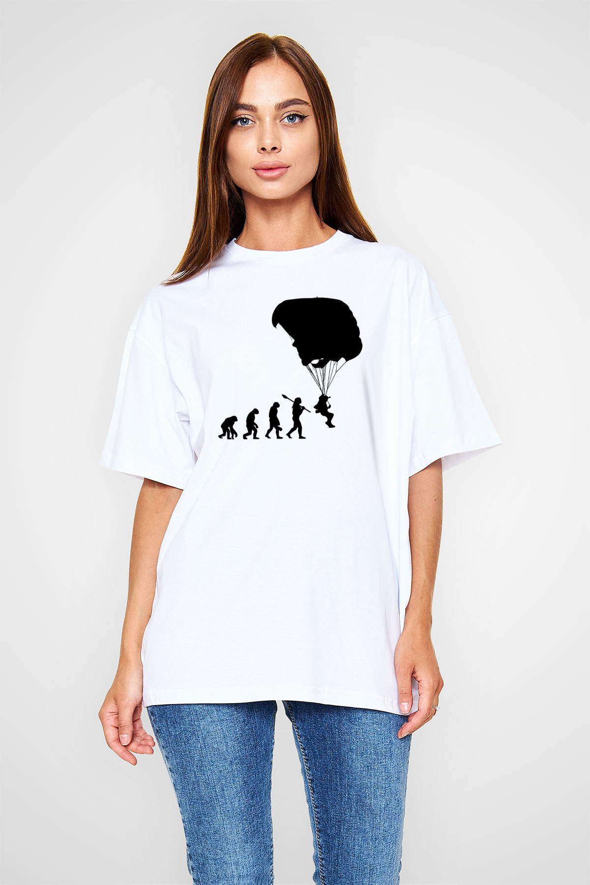 Yamaç Paraşütü Baskılı Unisex Beyaz Oversize Tişört - Tshirt