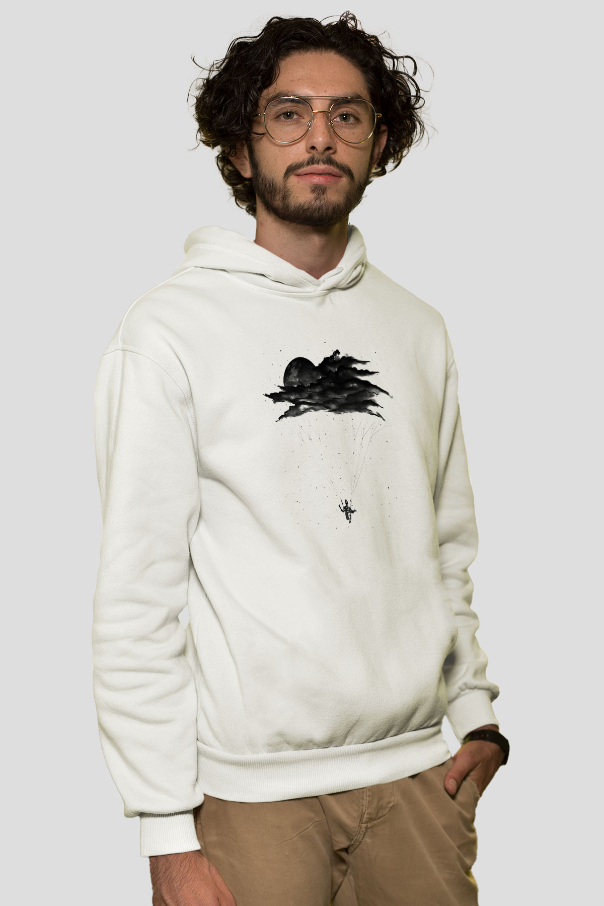 Yamaç Paraşütü Baskılı Unisex Ekru Hoodie