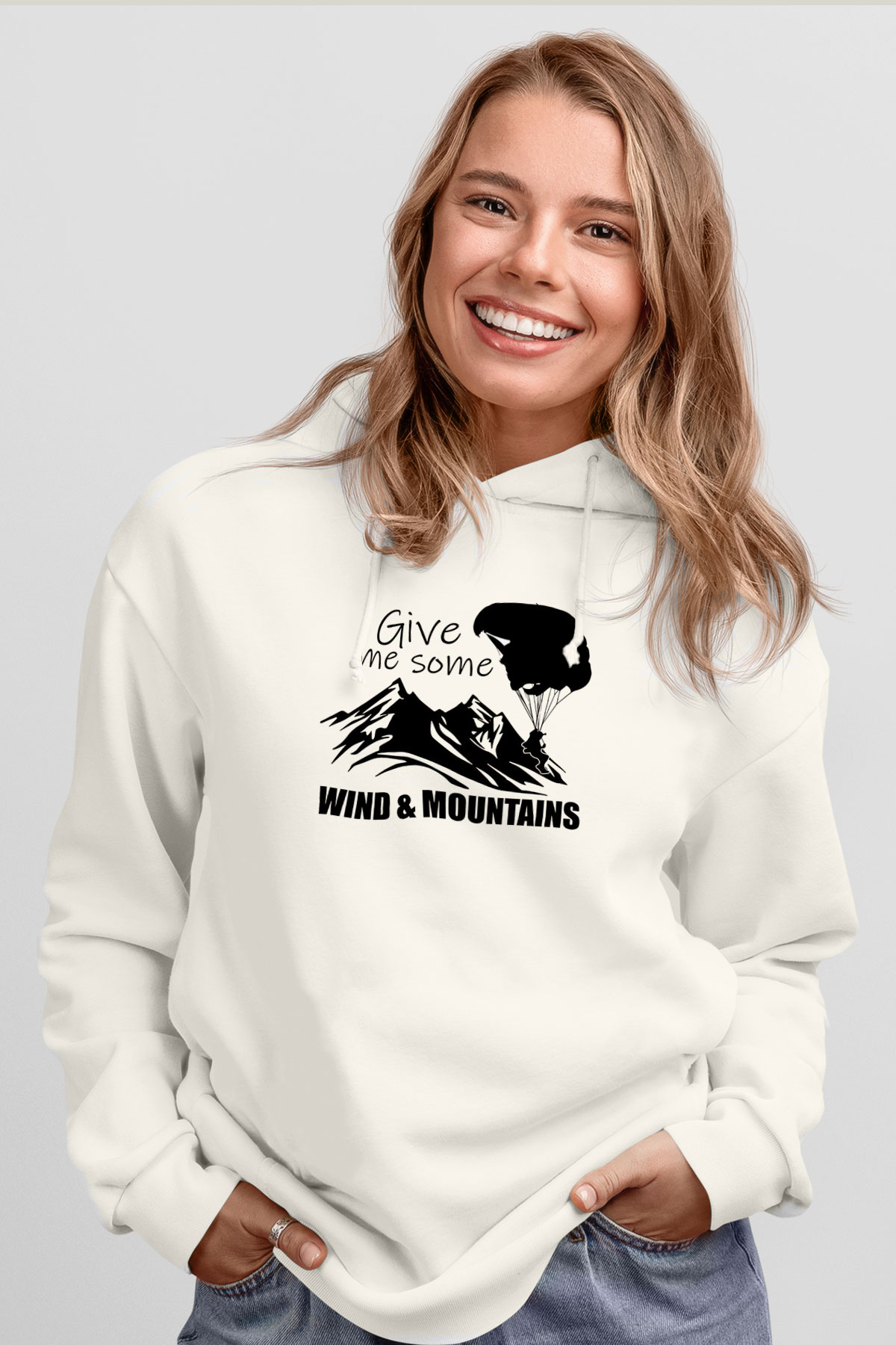 Yamaç Paraşütü Baskılı Unisex Ekru Hoodie