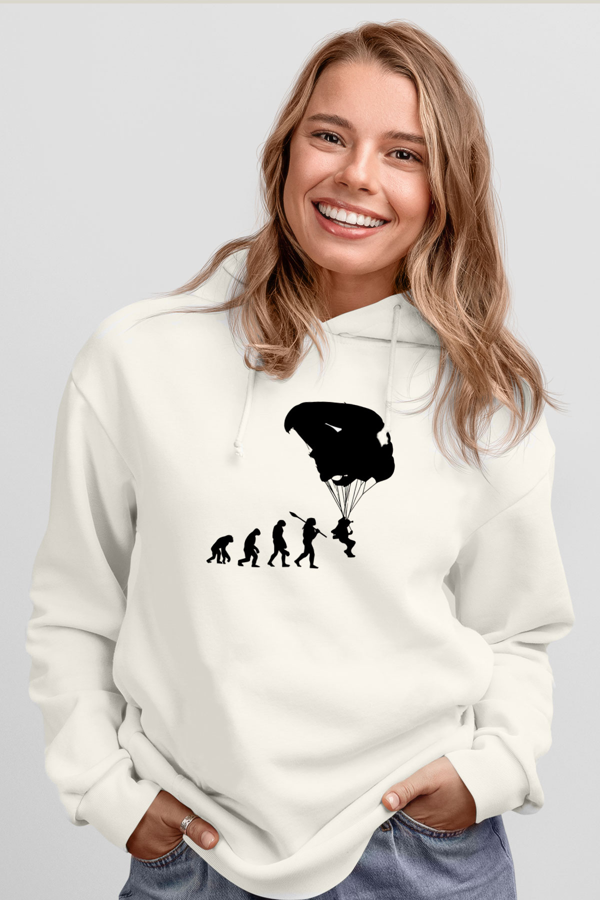 Yamaç Paraşütü Baskılı Unisex Ekru Hoodie