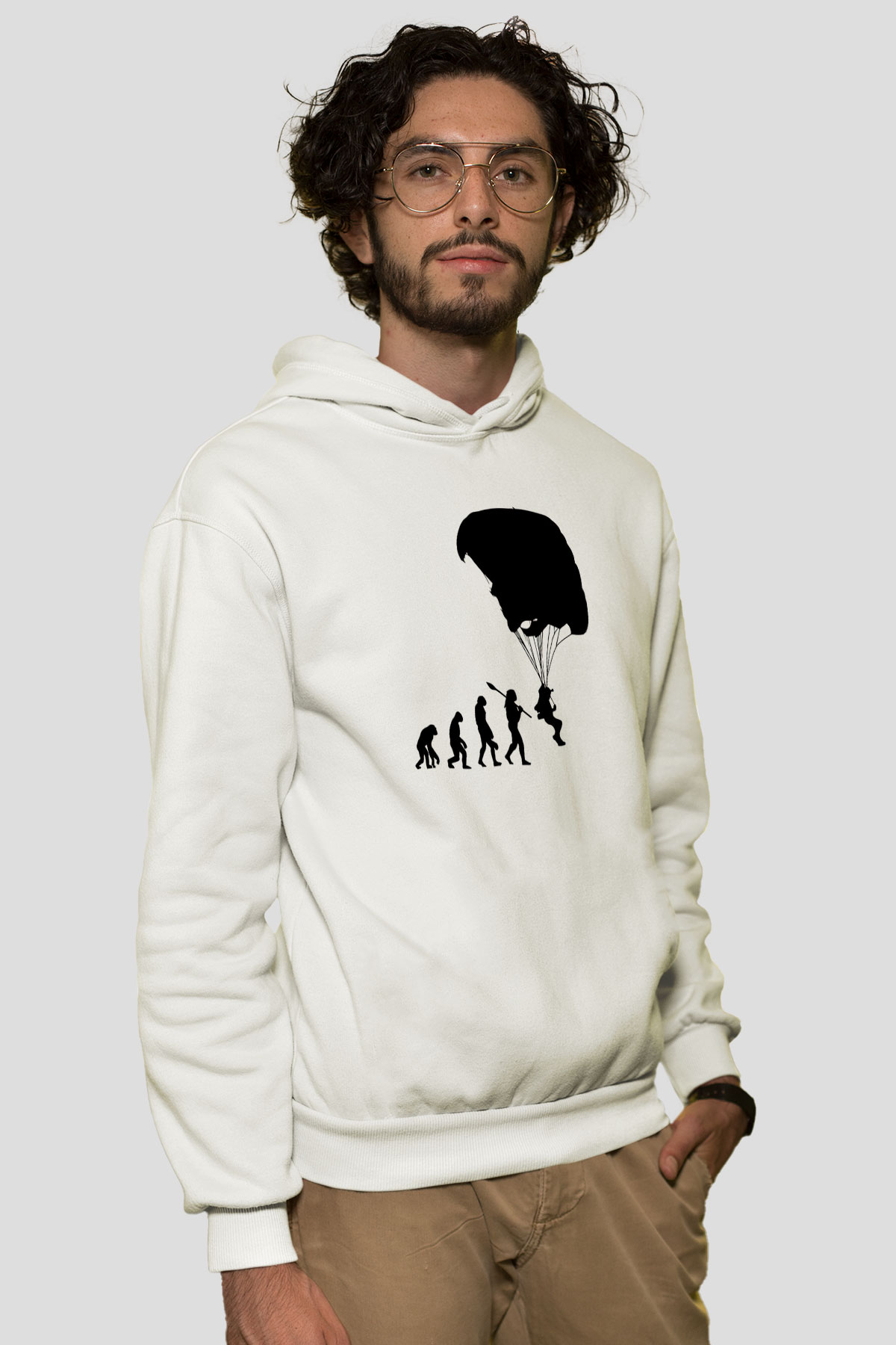 Yamaç Paraşütü Baskılı Unisex Ekru Hoodie